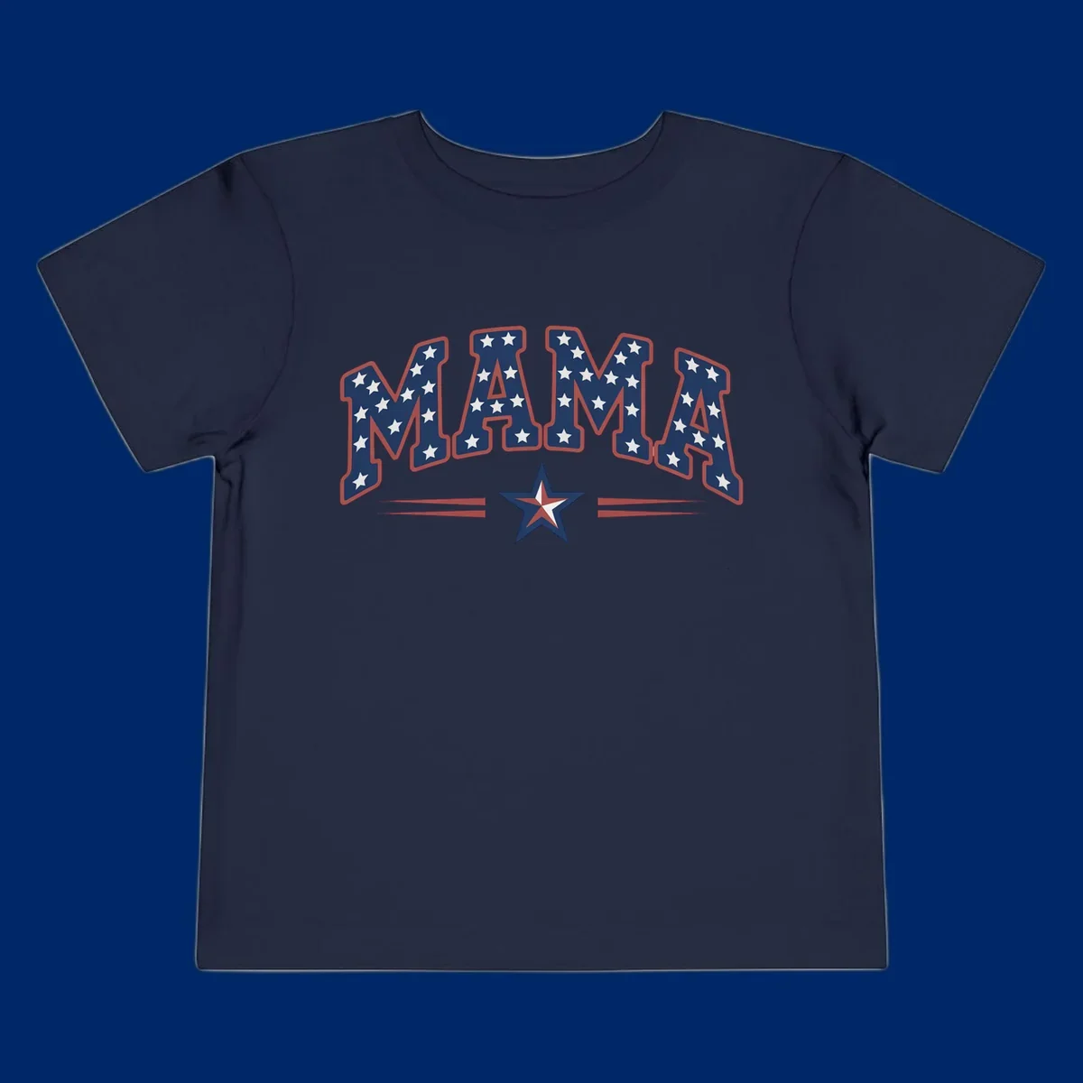 The word MAMA is styled in dark blue with white stars and a red outline. Below, a patriotic star graphic with red, white, and blue sections is flanked by red horizontal lines, representing patriotic-mama-stars.
