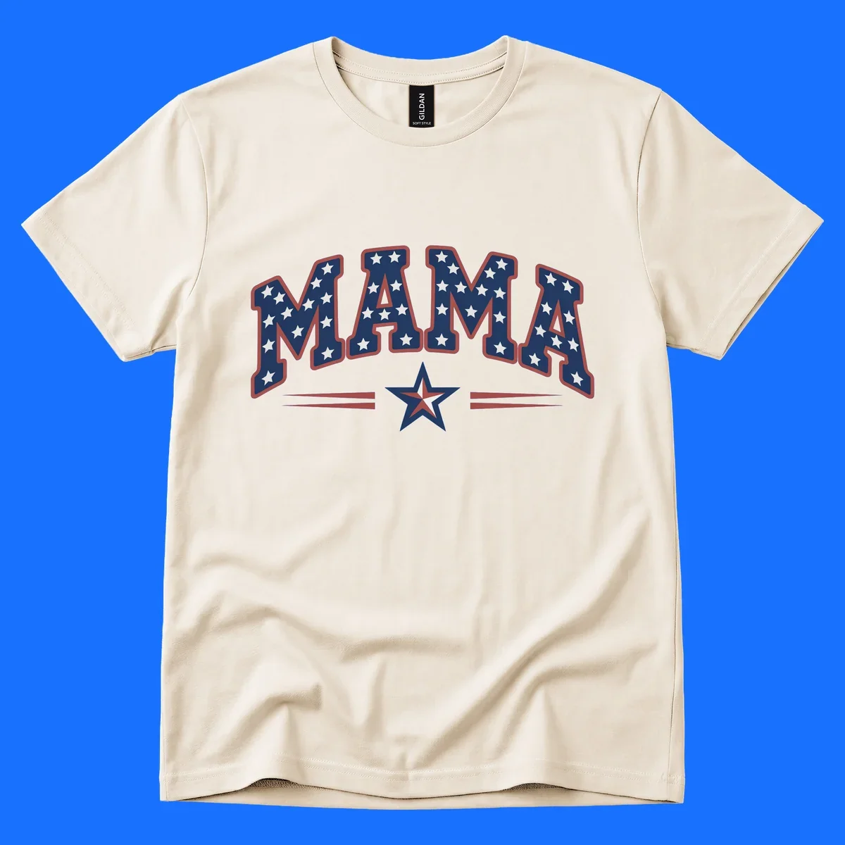The word MAMA is styled in dark blue with white stars and a red outline. Below, a patriotic star graphic with red, white, and blue sections is flanked by red horizontal lines, representing patriotic-mama-stars.