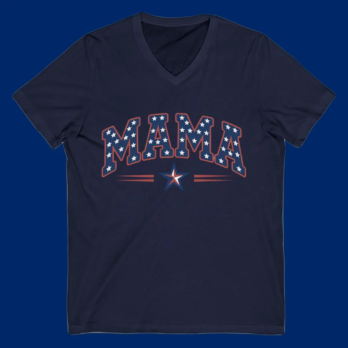 The word MAMA is styled in dark blue with white stars and a red outline. Below, a patriotic star graphic with red, white, and blue sections is flanked by red horizontal lines, representing patriotic-mama-stars.