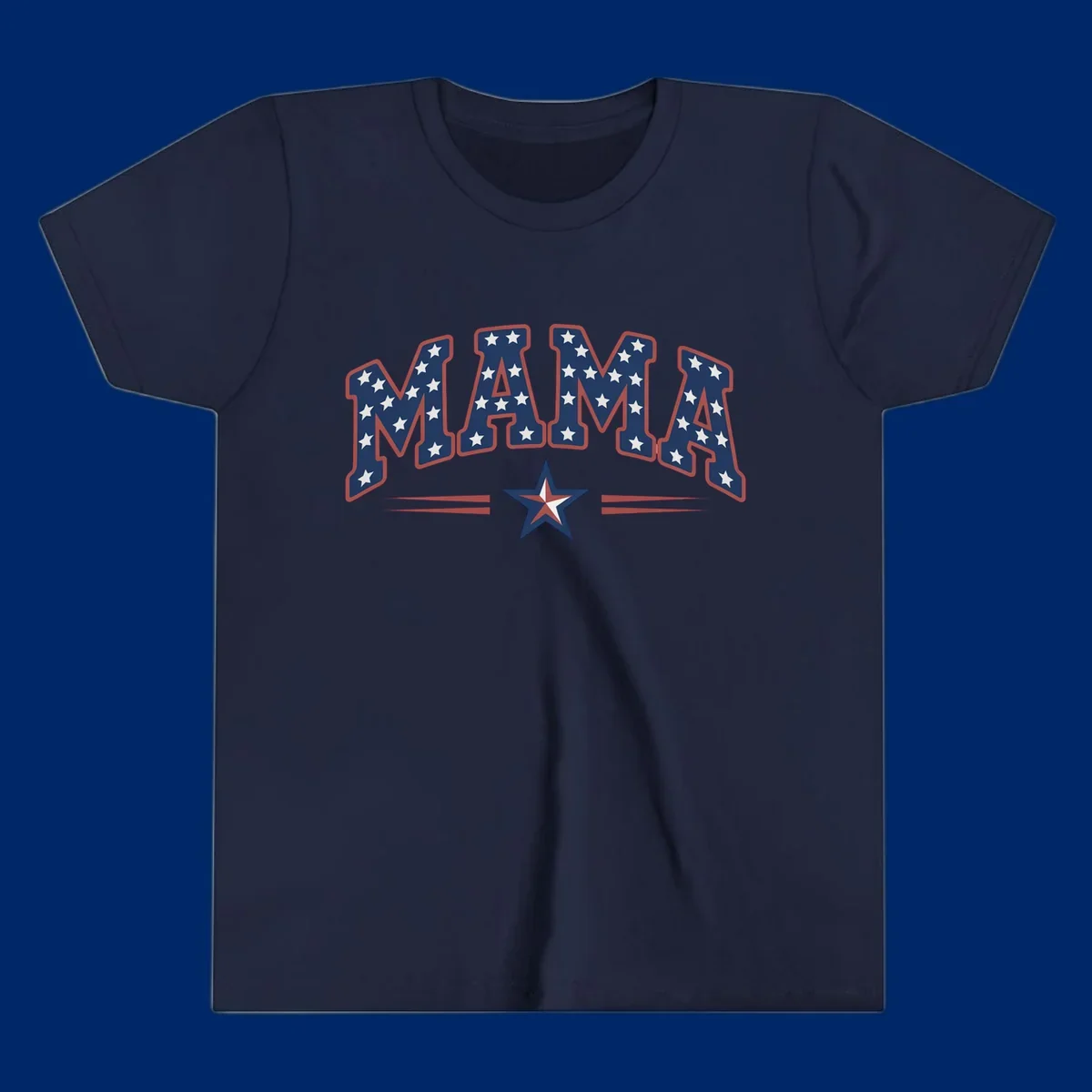 The word MAMA is styled in dark blue with white stars and a red outline. Below, a patriotic star graphic with red, white, and blue sections is flanked by red horizontal lines, representing patriotic-mama-stars.