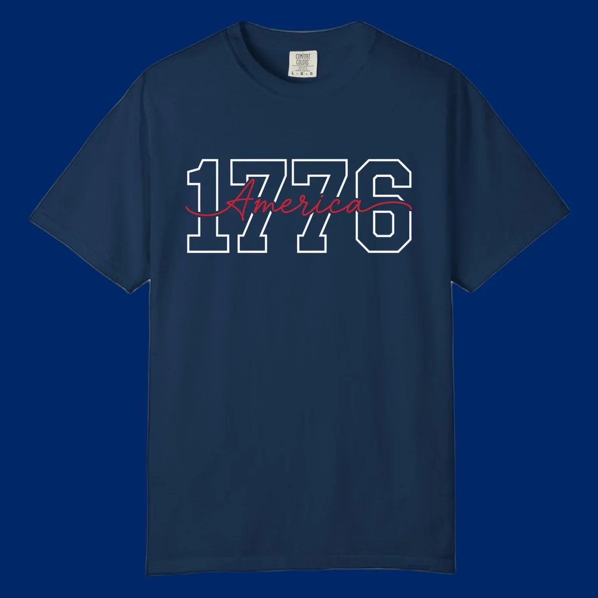 Design featuring '1776' in white block letters with 'America' in red script overlaid, for the Semiquincentennial.