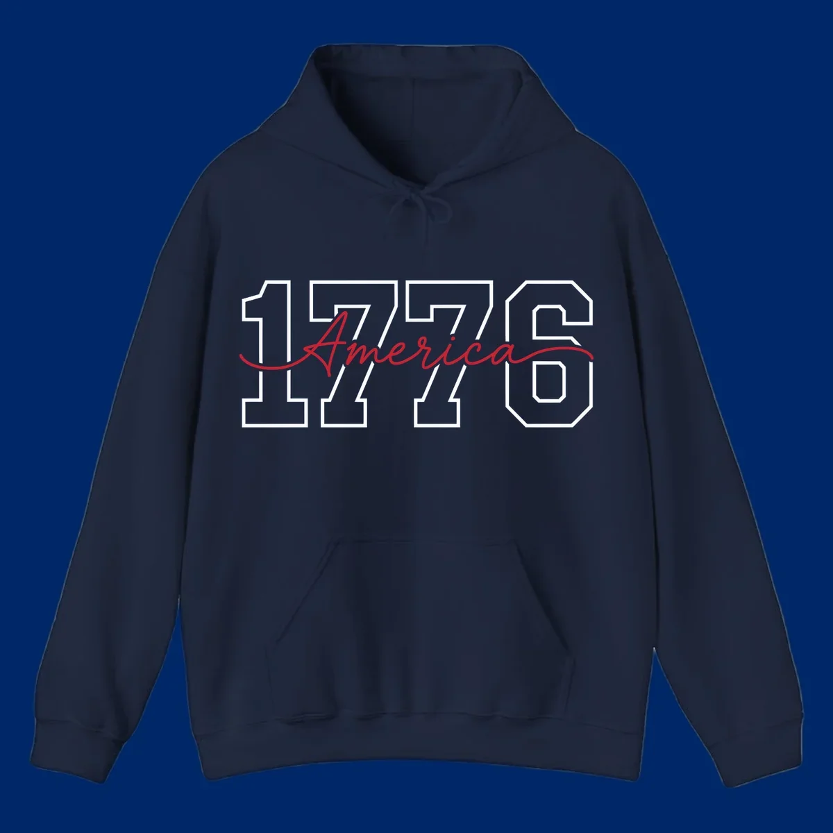 Design featuring '1776' in white block letters with 'America' in red script overlaid, for the Semiquincentennial.