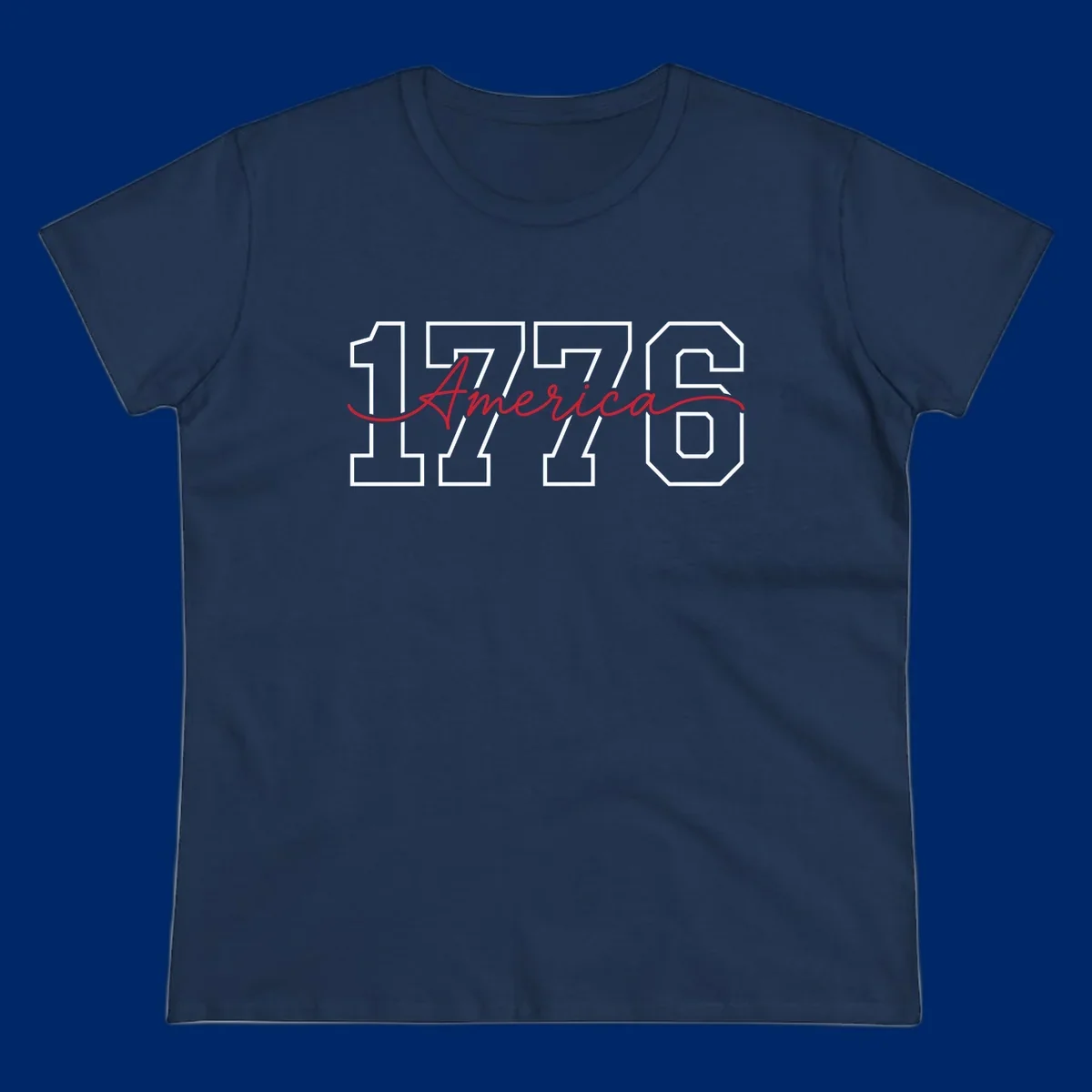 Design featuring '1776' in white block letters with 'America' in red script overlaid, for the Semiquincentennial.