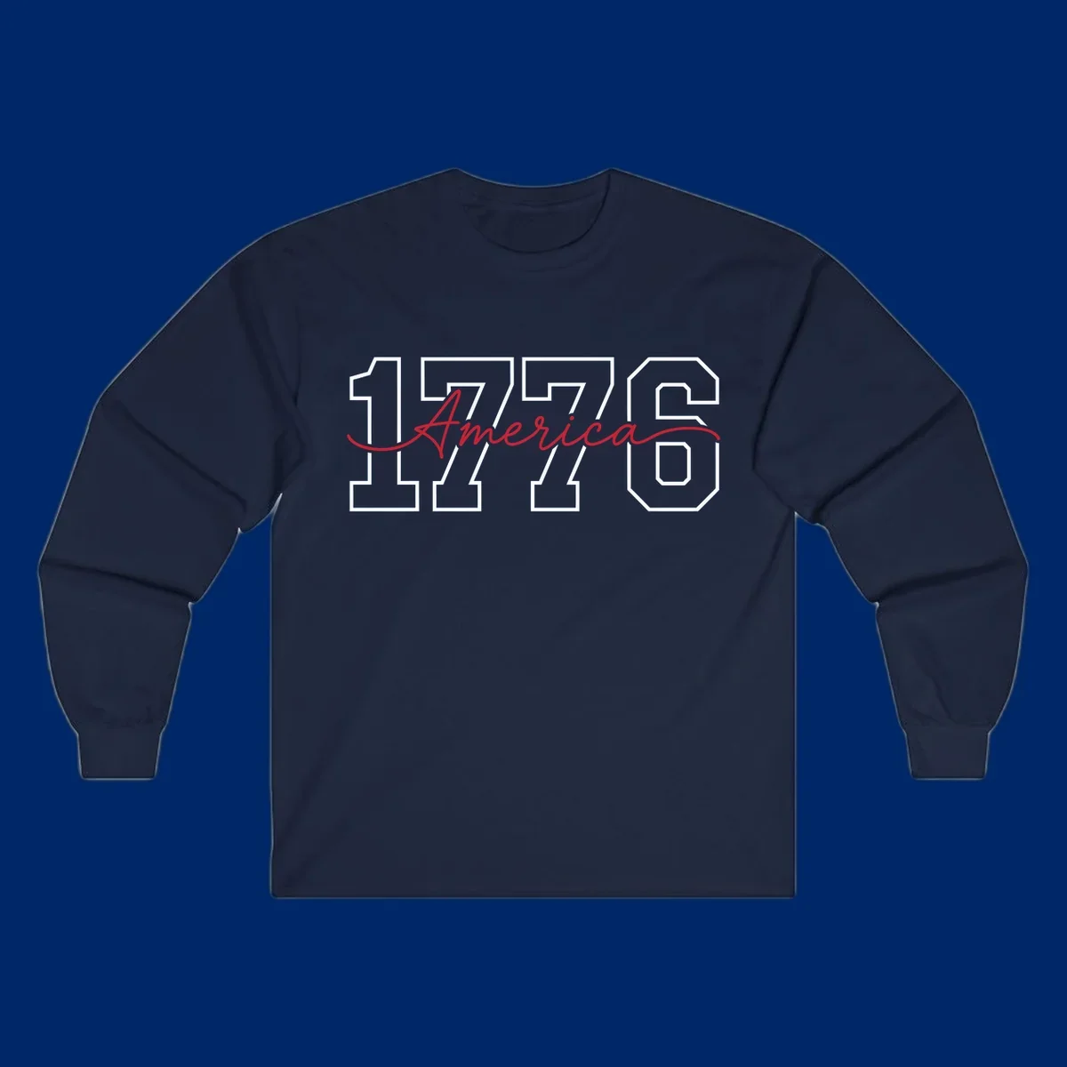 Design featuring '1776' in white block letters with 'America' in red script overlaid, for the Semiquincentennial.