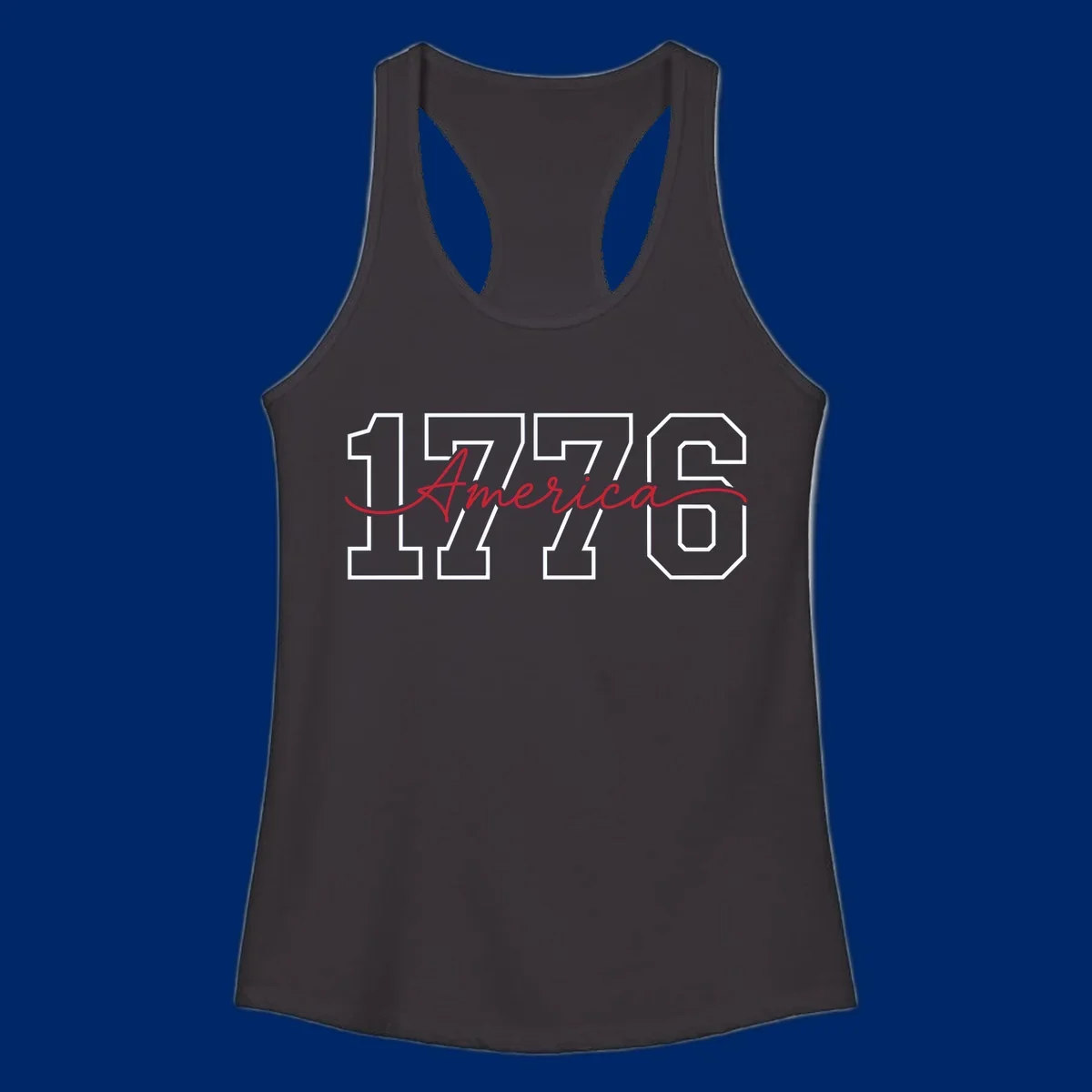 Design featuring '1776' in white block letters with 'America' in red script overlaid, for the Semiquincentennial.