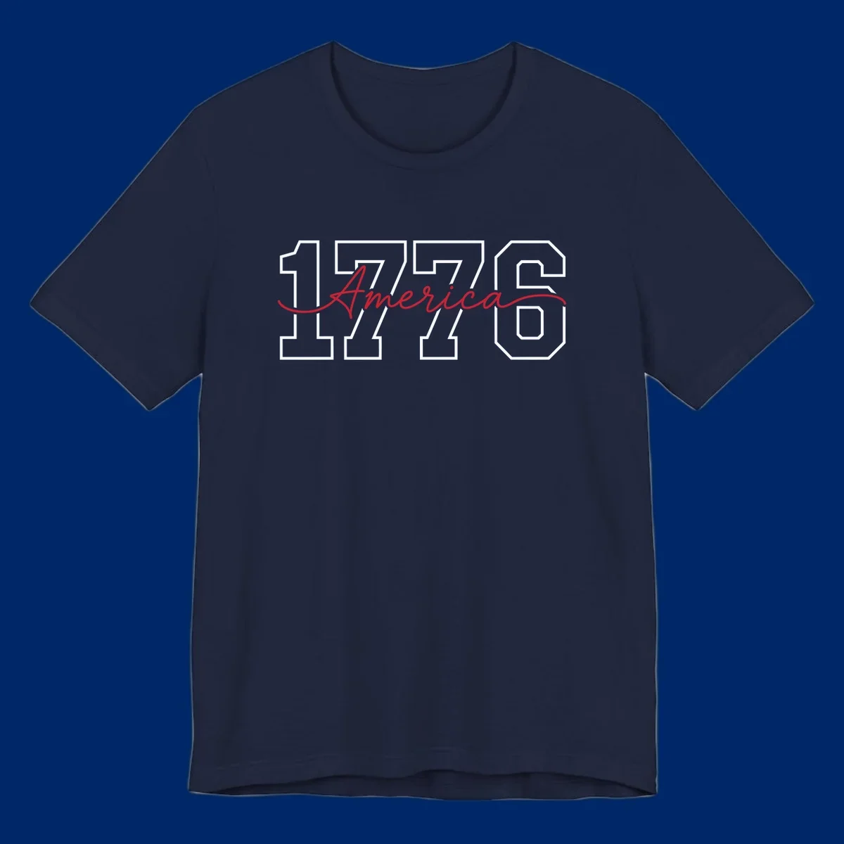 Design featuring '1776' in white block letters with 'America' in red script overlaid, for the Semiquincentennial.