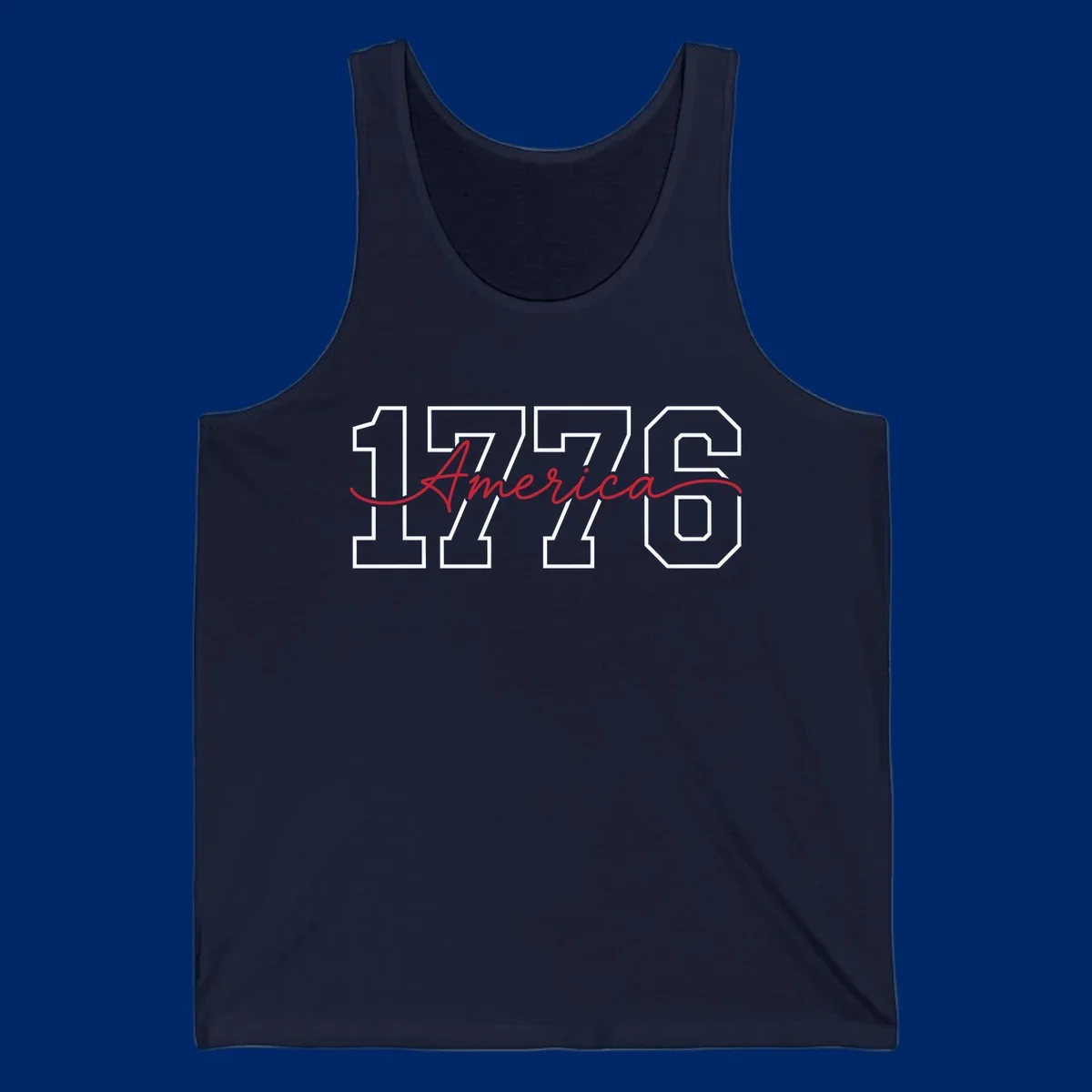 Design featuring '1776' in white block letters with 'America' in red script overlaid, for the Semiquincentennial.