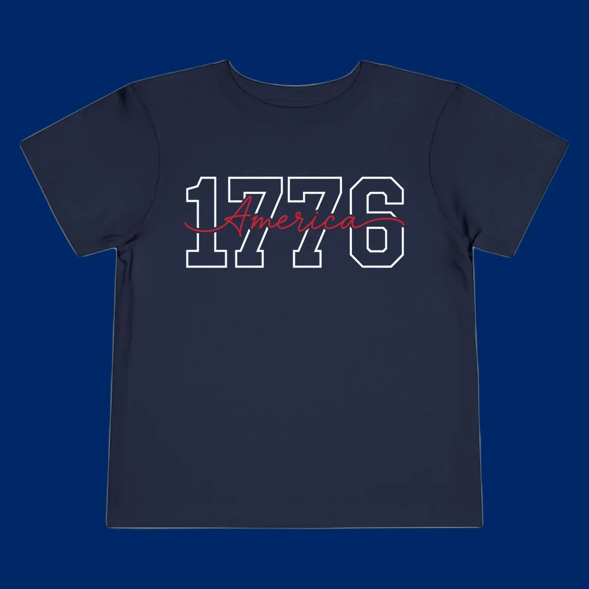 Design featuring '1776' in white block letters with 'America' in red script overlaid, for the Semiquincentennial.