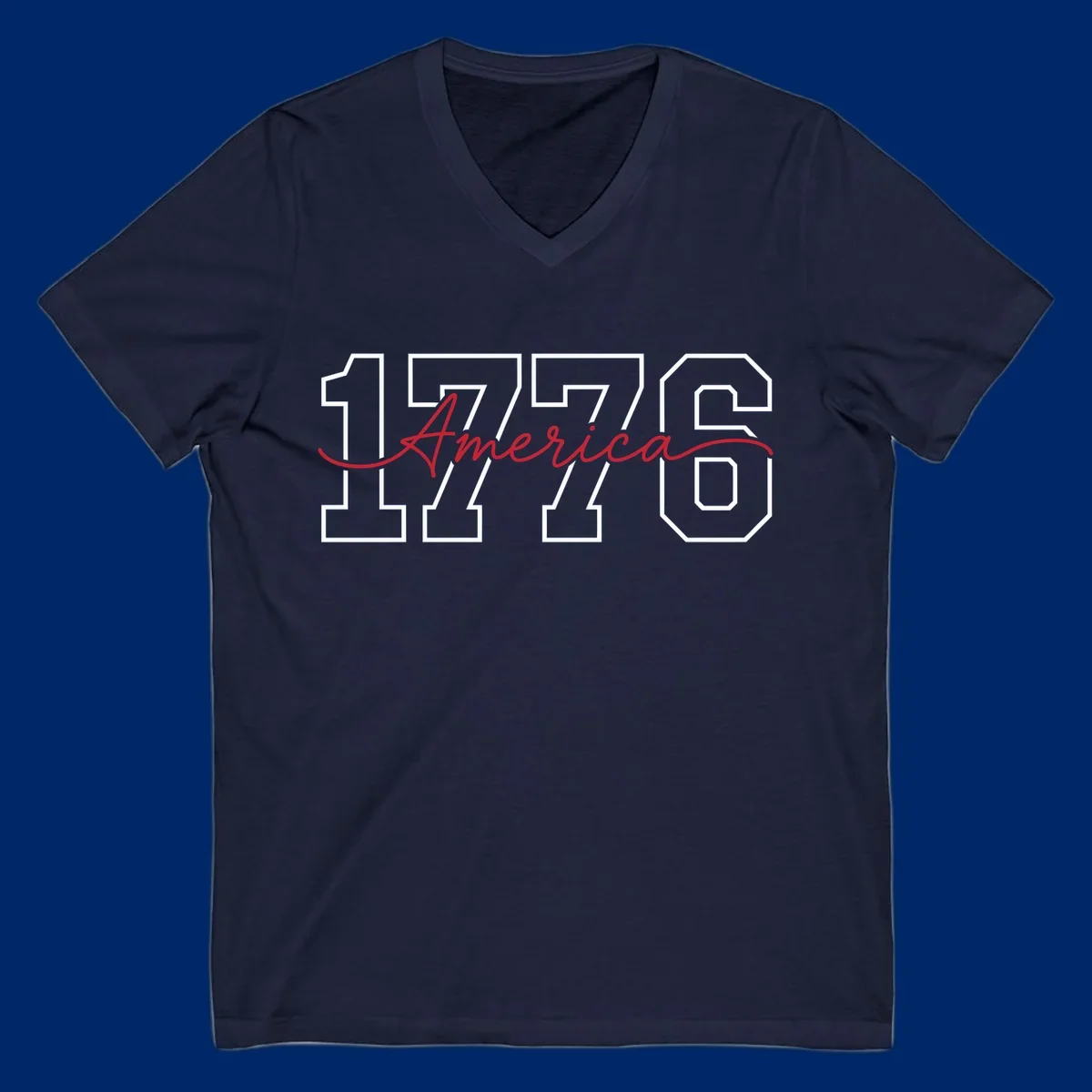 Design featuring '1776' in white block letters with 'America' in red script overlaid, for the Semiquincentennial.