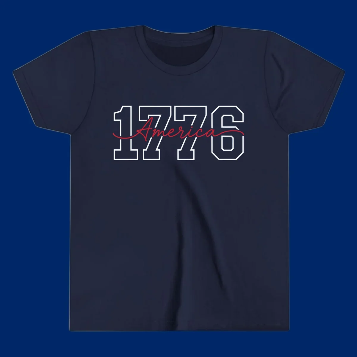 Design featuring '1776' in white block letters with 'America' in red script overlaid, for the Semiquincentennial.