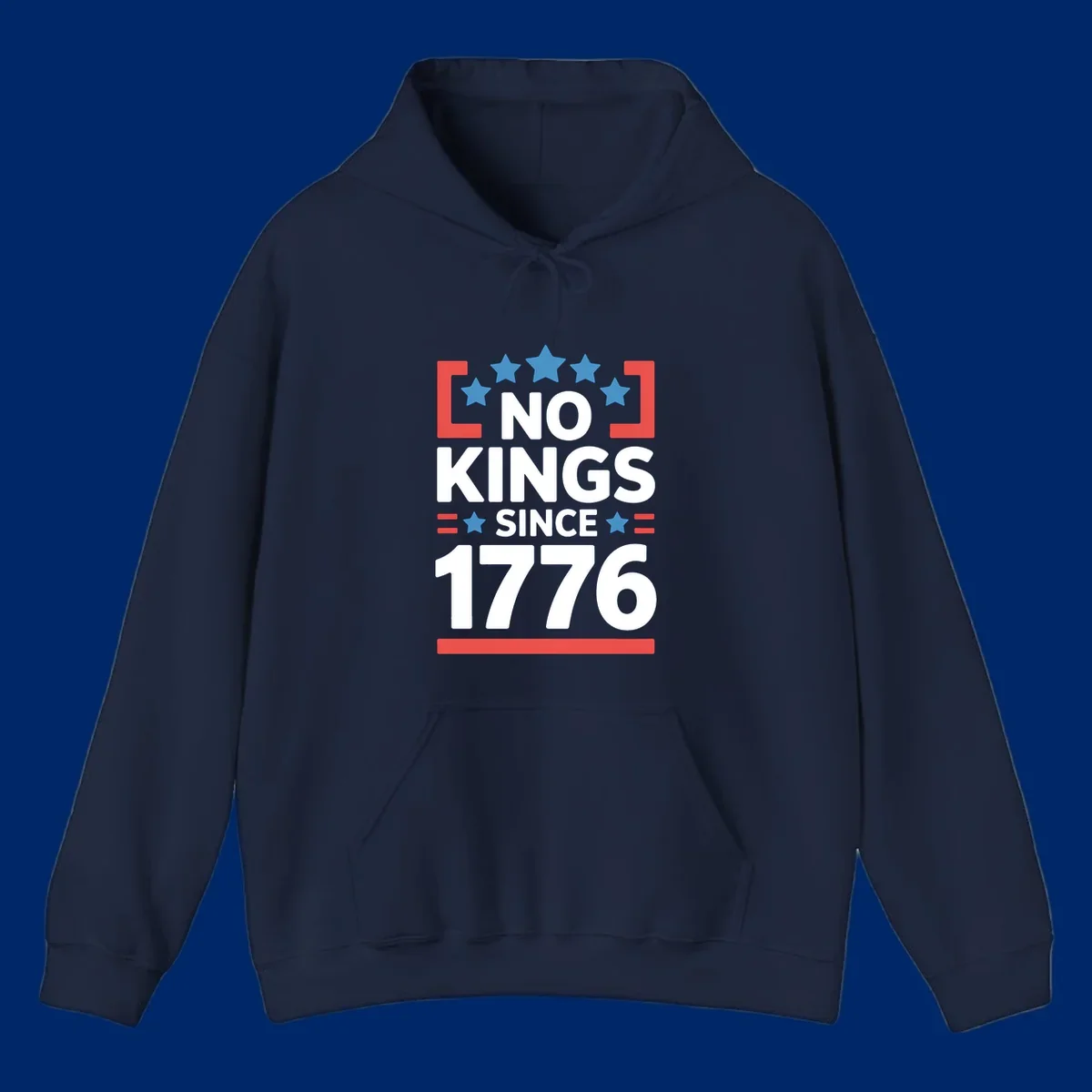 A patriotic design with 'NO KINGS SINCE 1776' text, blue stars, and red stripes, representing the no-kings-since-1776 concept.
