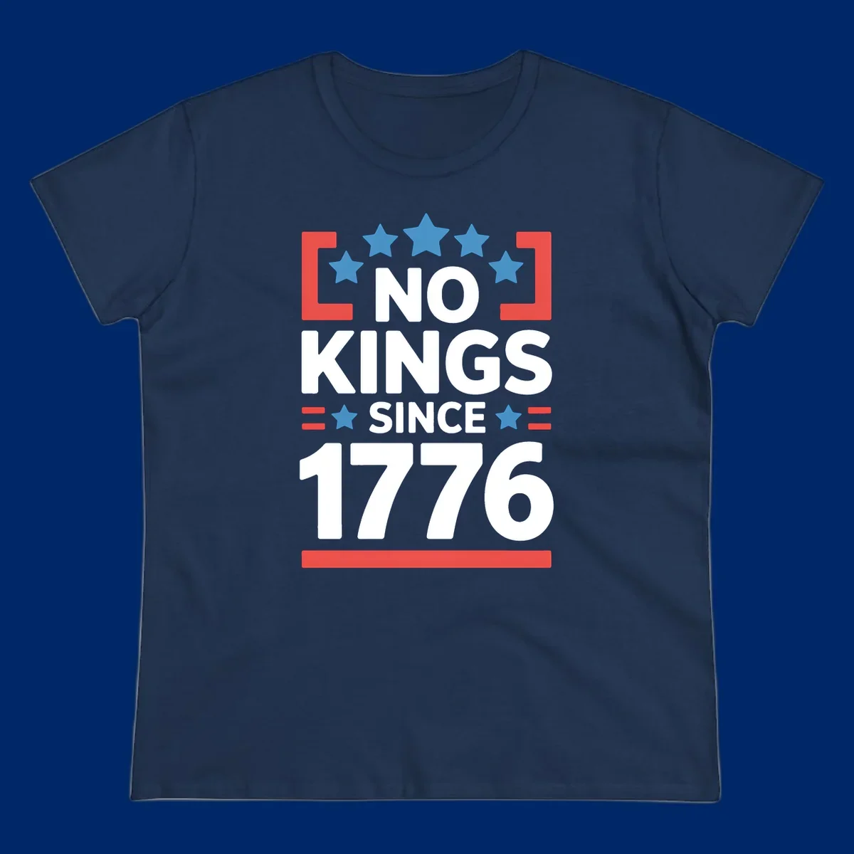 A patriotic design with 'NO KINGS SINCE 1776' text, blue stars, and red stripes, representing the no-kings-since-1776 concept.