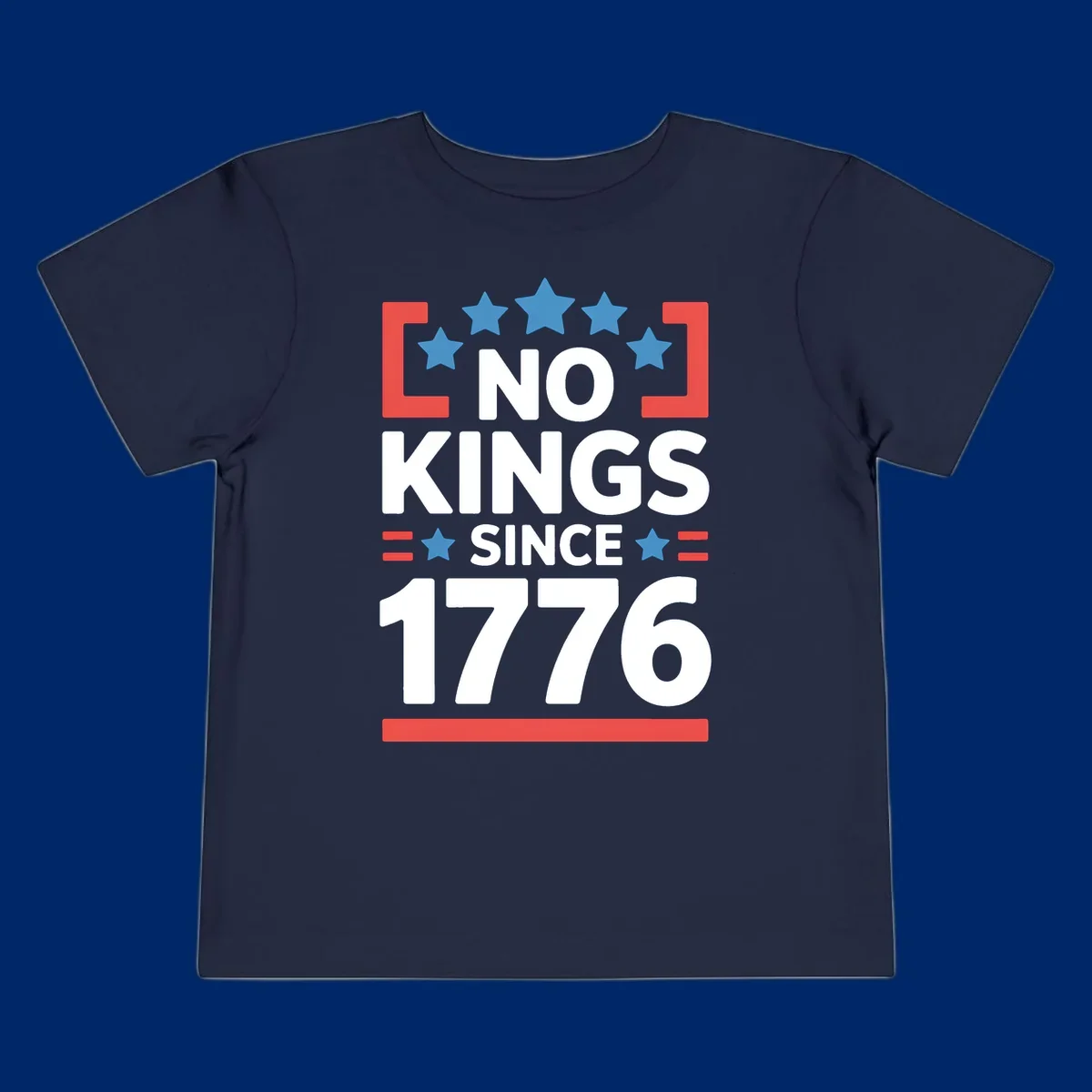 A patriotic design with 'NO KINGS SINCE 1776' text, blue stars, and red stripes, representing the no-kings-since-1776 concept.