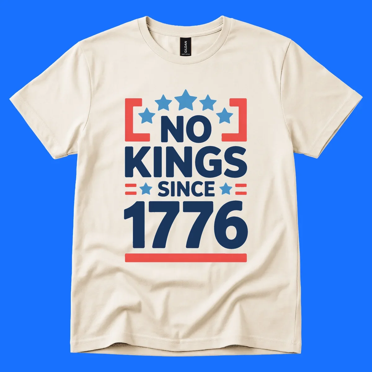 A patriotic design with 'NO KINGS SINCE 1776' text, blue stars, and red stripes, representing the no-kings-since-1776 concept.