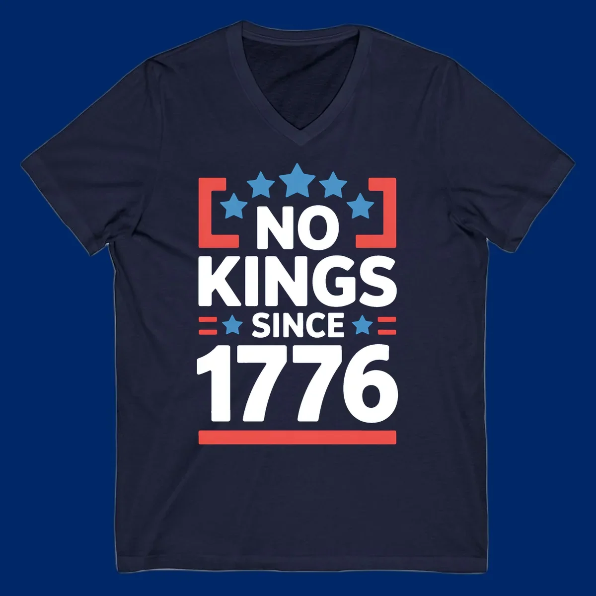 A patriotic design with 'NO KINGS SINCE 1776' text, blue stars, and red stripes, representing the no-kings-since-1776 concept.