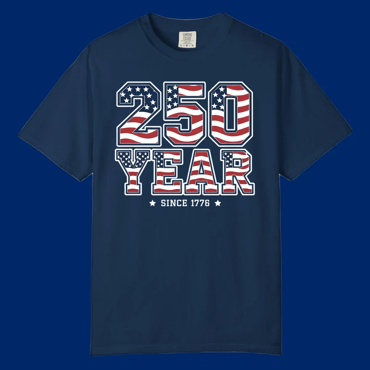Bold '250 YEAR SINCE 1776' text filled with an America flag pattern, commemorating the america-250-year-anniversary.