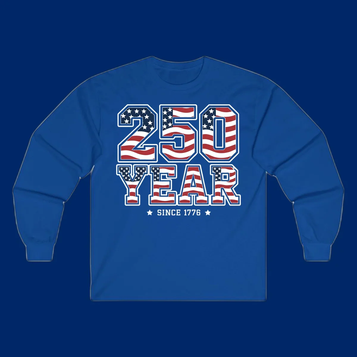 Bold '250 YEAR SINCE 1776' text filled with an America flag pattern, commemorating the america-250-year-anniversary.