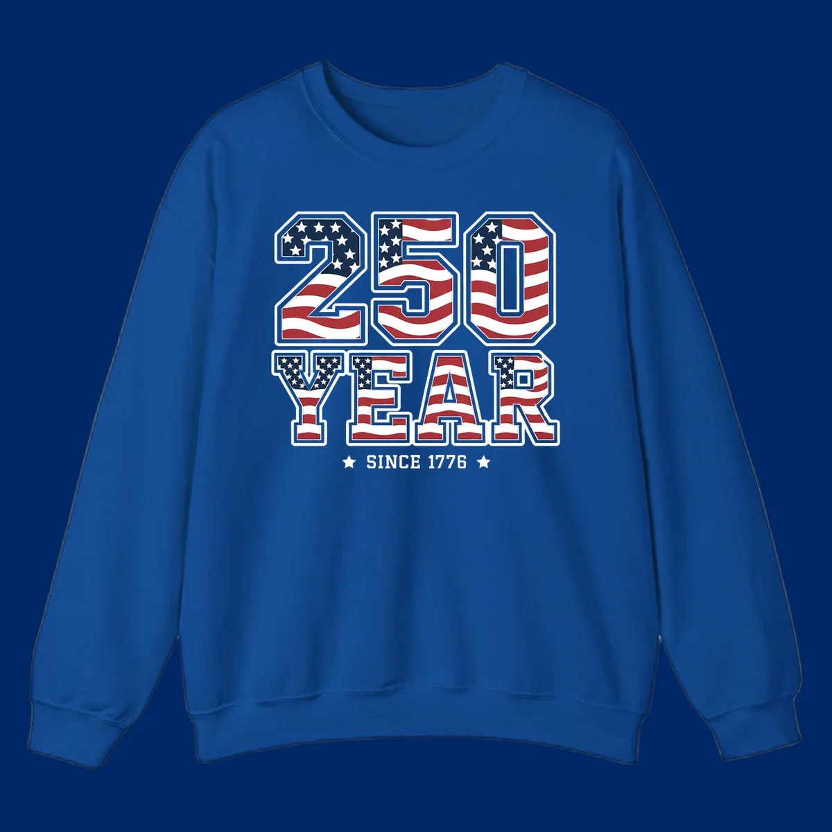 Bold '250 YEAR SINCE 1776' text filled with an America flag pattern, commemorating the america-250-year-anniversary.