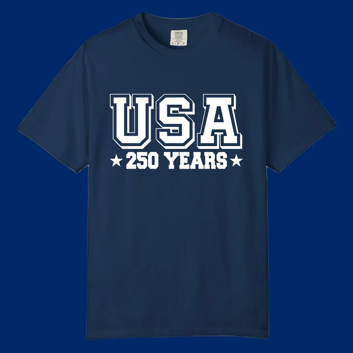 Bold black and white design reading 'EST 1776 AMERICA *250 YEARS*' with a star, commemorating America 250th anniversary.
