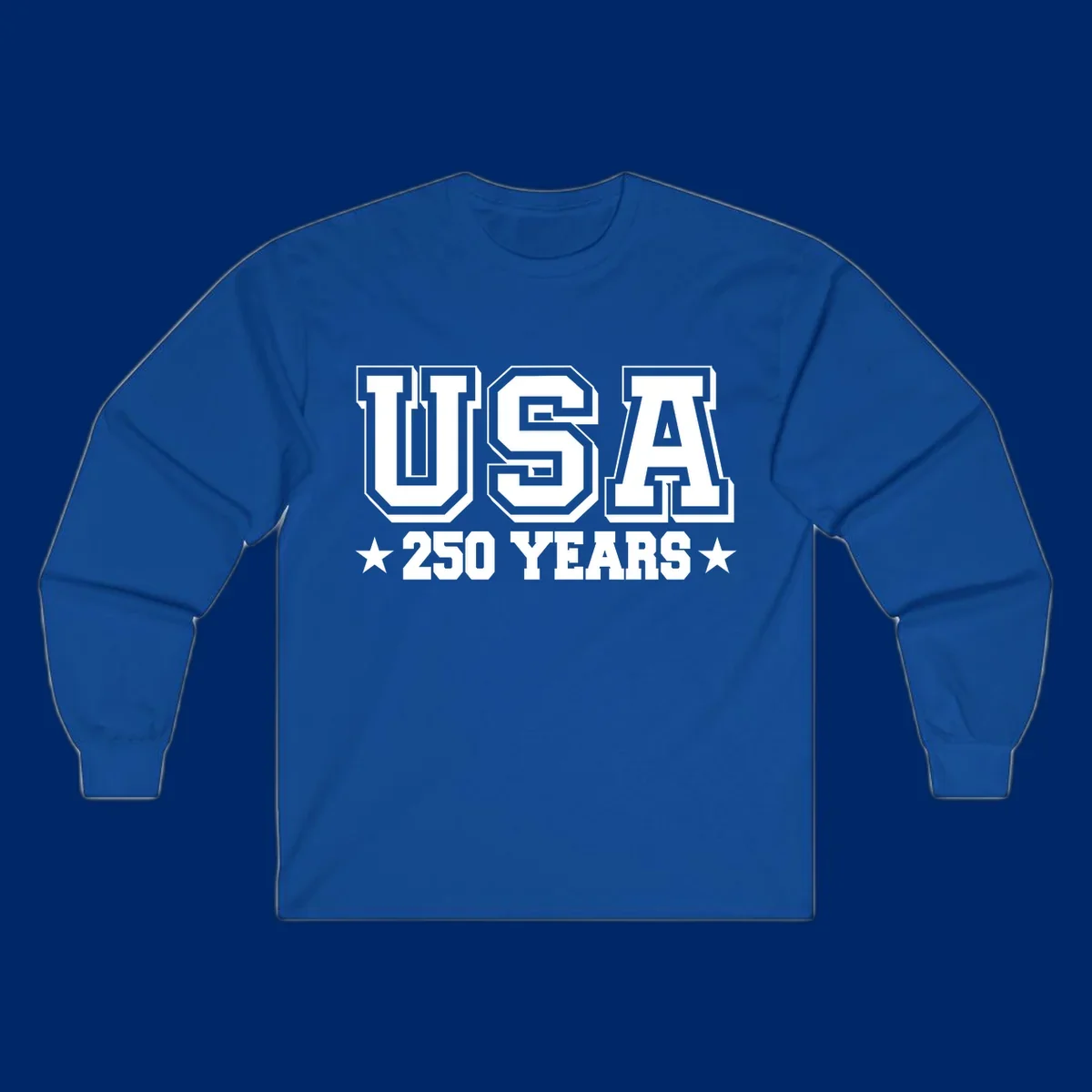 Bold black and white design reading 'EST 1776 AMERICA *250 YEARS*' with a star, commemorating America 250th anniversary.