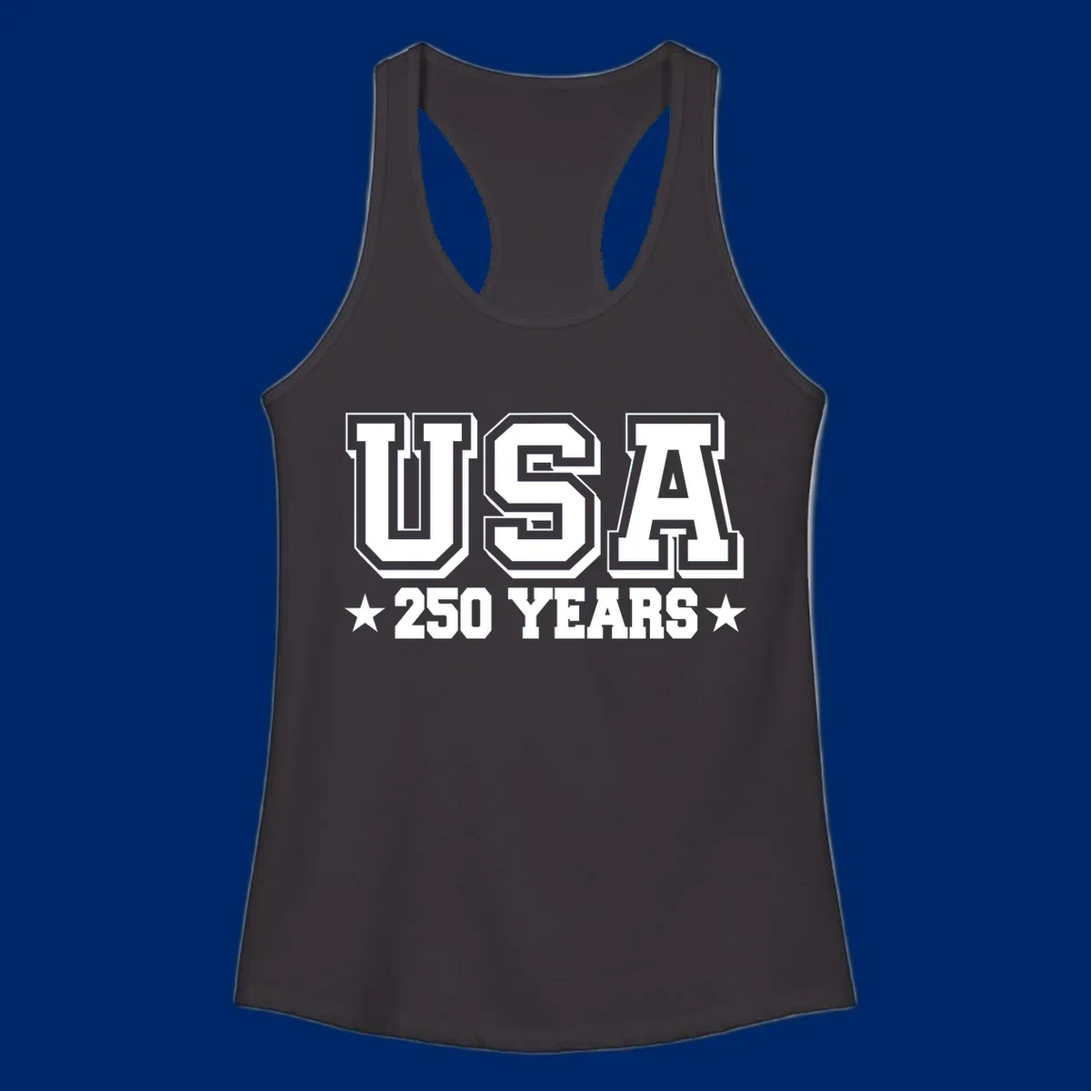 Bold black and white design reading 'EST 1776 AMERICA *250 YEARS*' with a star, commemorating America 250th anniversary.