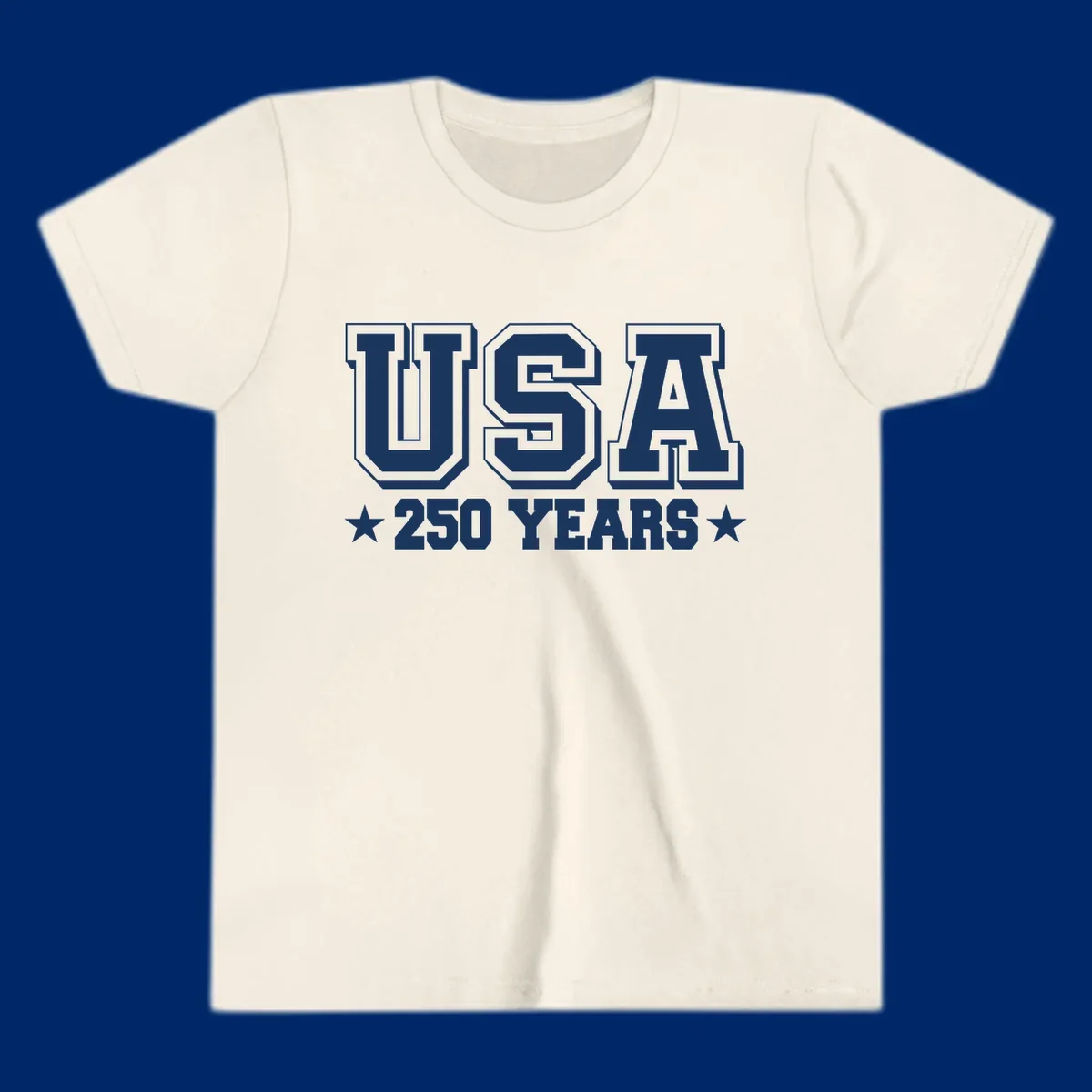 Bold black and white design reading 'EST 1776 AMERICA *250 YEARS*' with a star, commemorating America 250th anniversary.