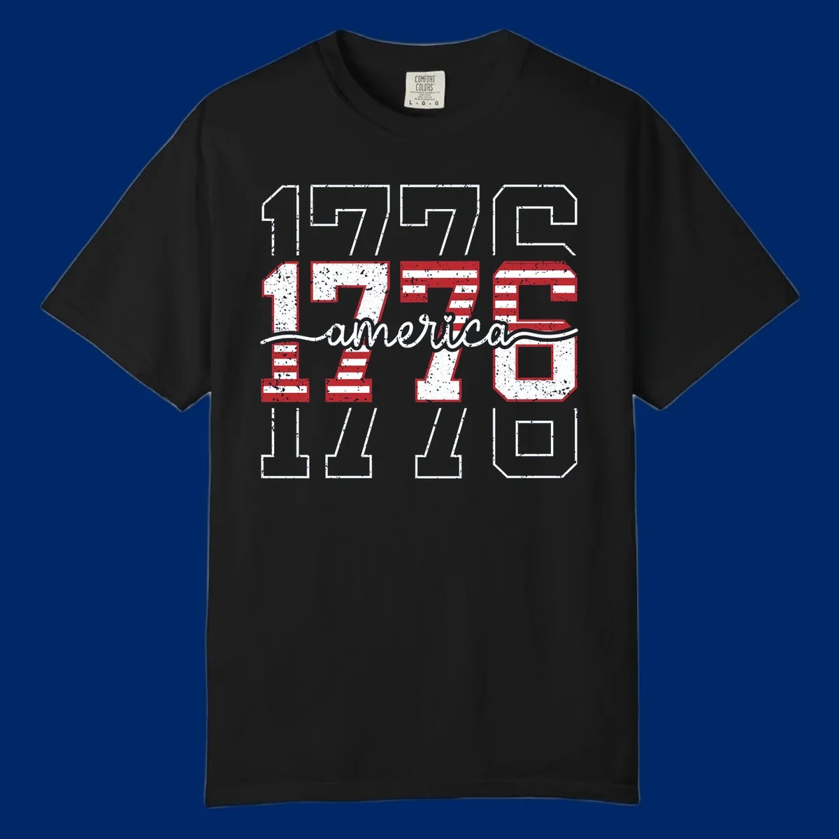 A distressed 1776 patriotic design featuring the year 1776 with red and white stripes and stars inside the numbers.