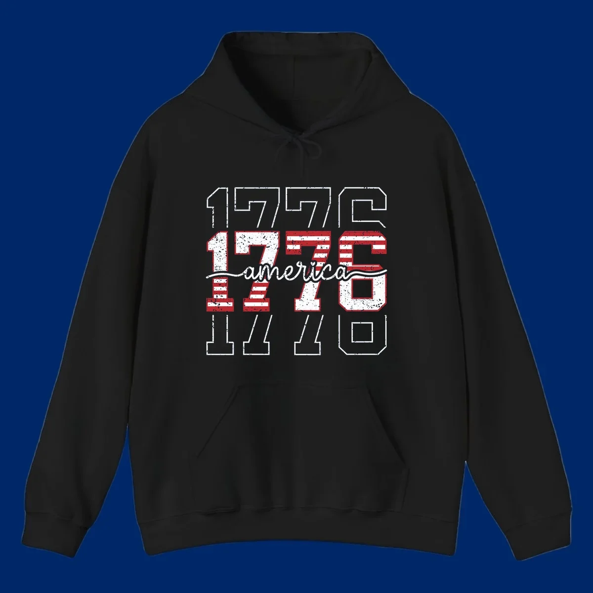 A distressed 1776 patriotic design featuring the year 1776 with red and white stripes and stars inside the numbers.