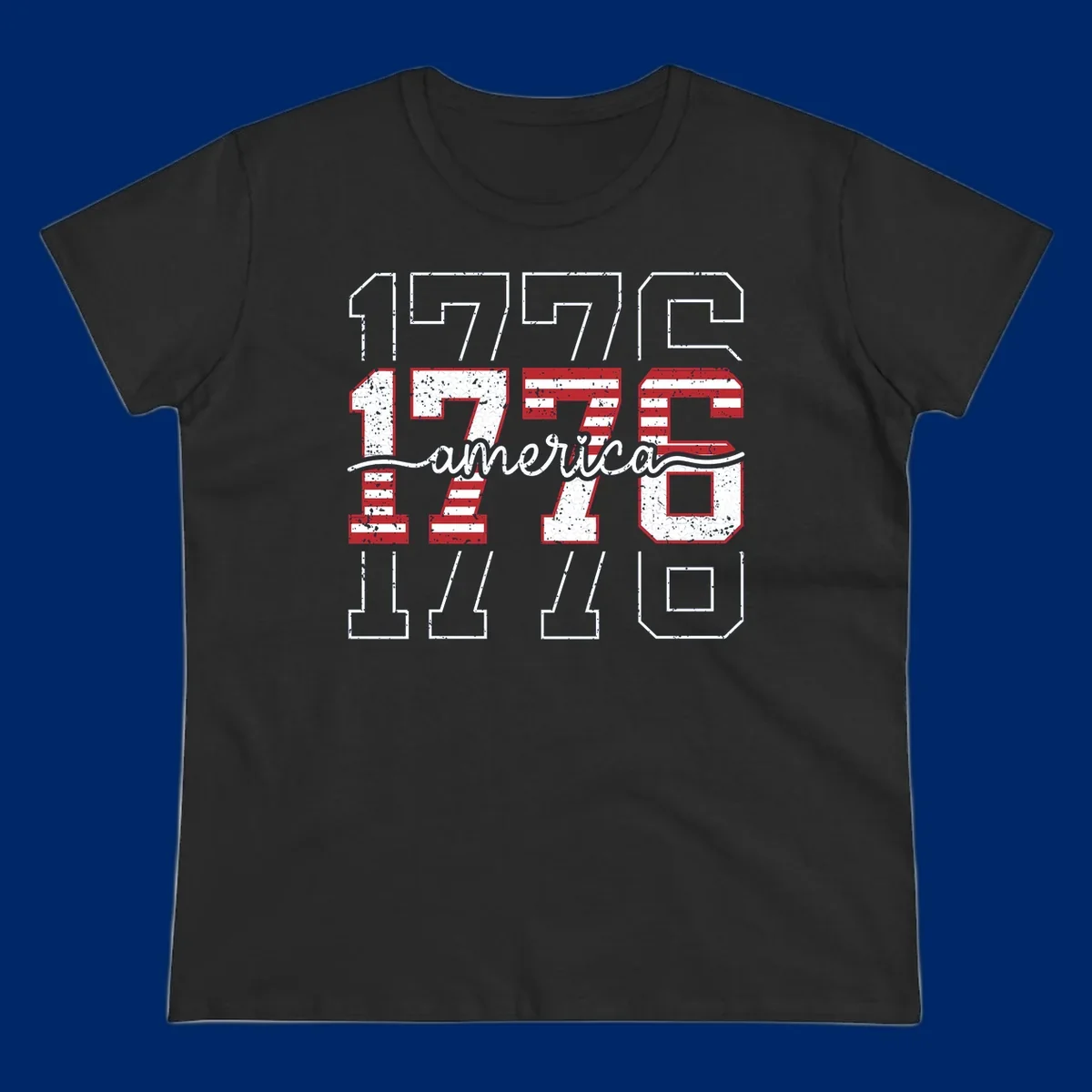 A distressed 1776 patriotic design featuring the year 1776 with red and white stripes and stars inside the numbers.