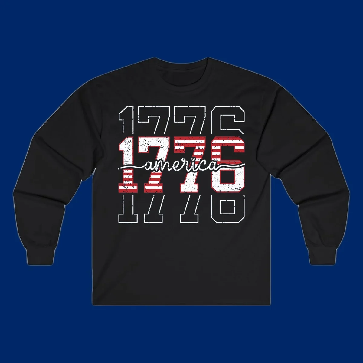 A distressed 1776 patriotic design featuring the year 1776 with red and white stripes and stars inside the numbers.