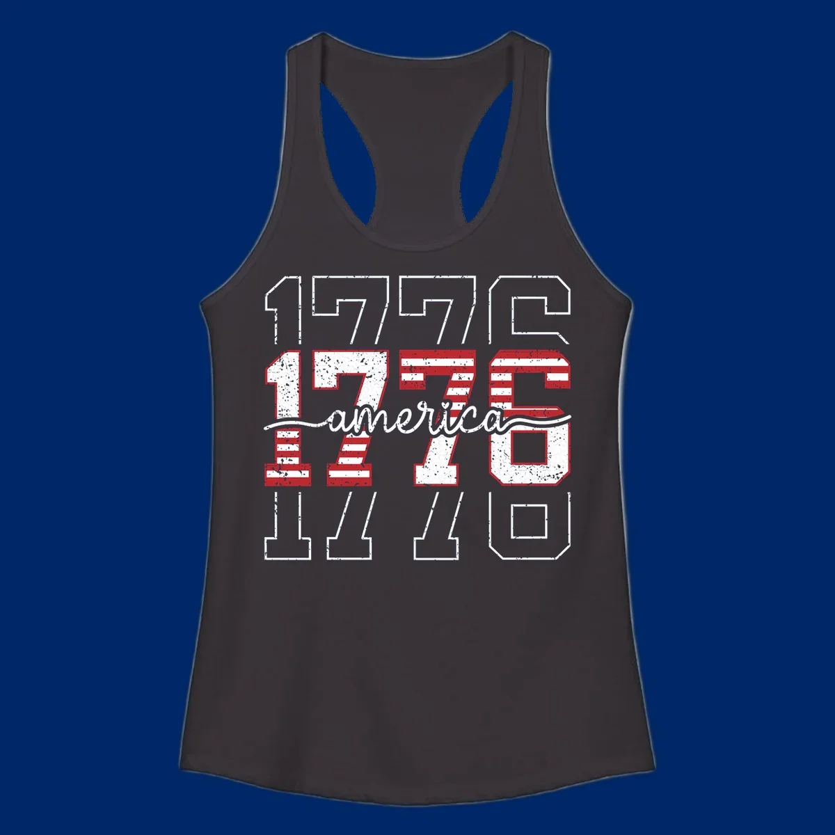 A distressed 1776 patriotic design featuring the year 1776 with red and white stripes and stars inside the numbers.