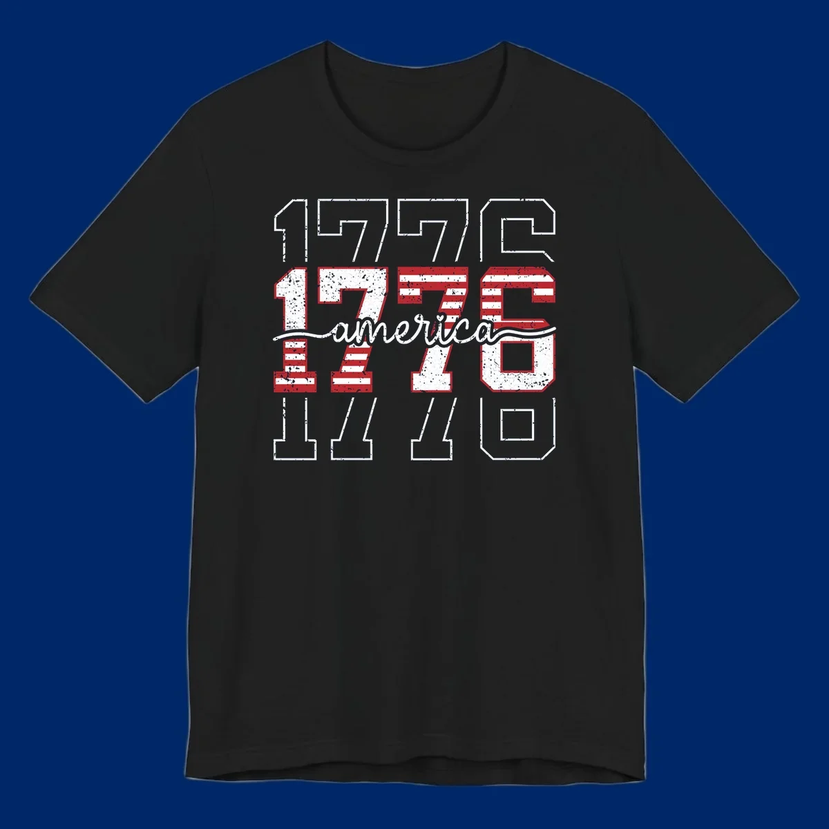 A distressed 1776 patriotic design featuring the year 1776 with red and white stripes and stars inside the numbers.