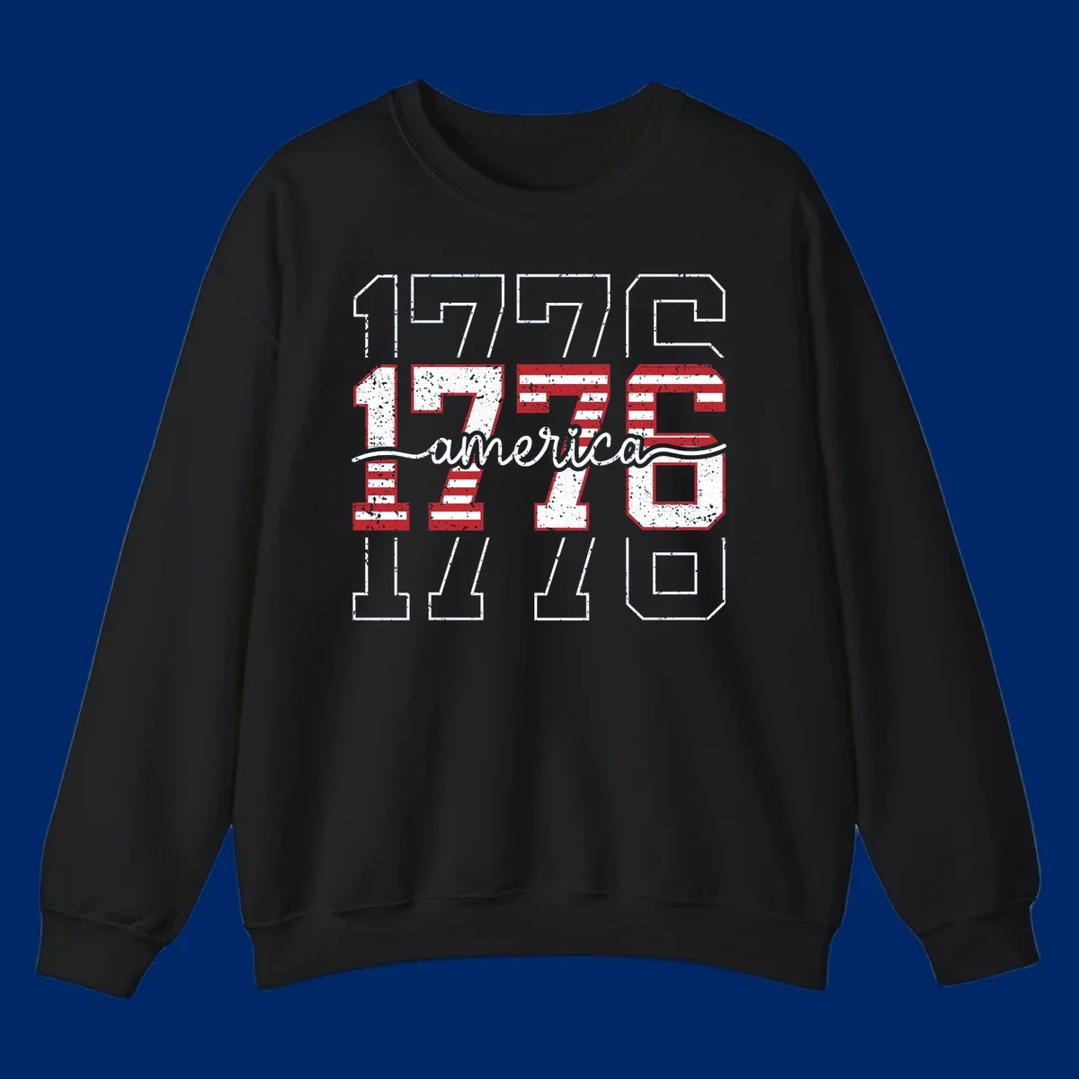 A distressed 1776 patriotic design featuring the year 1776 with red and white stripes and stars inside the numbers.