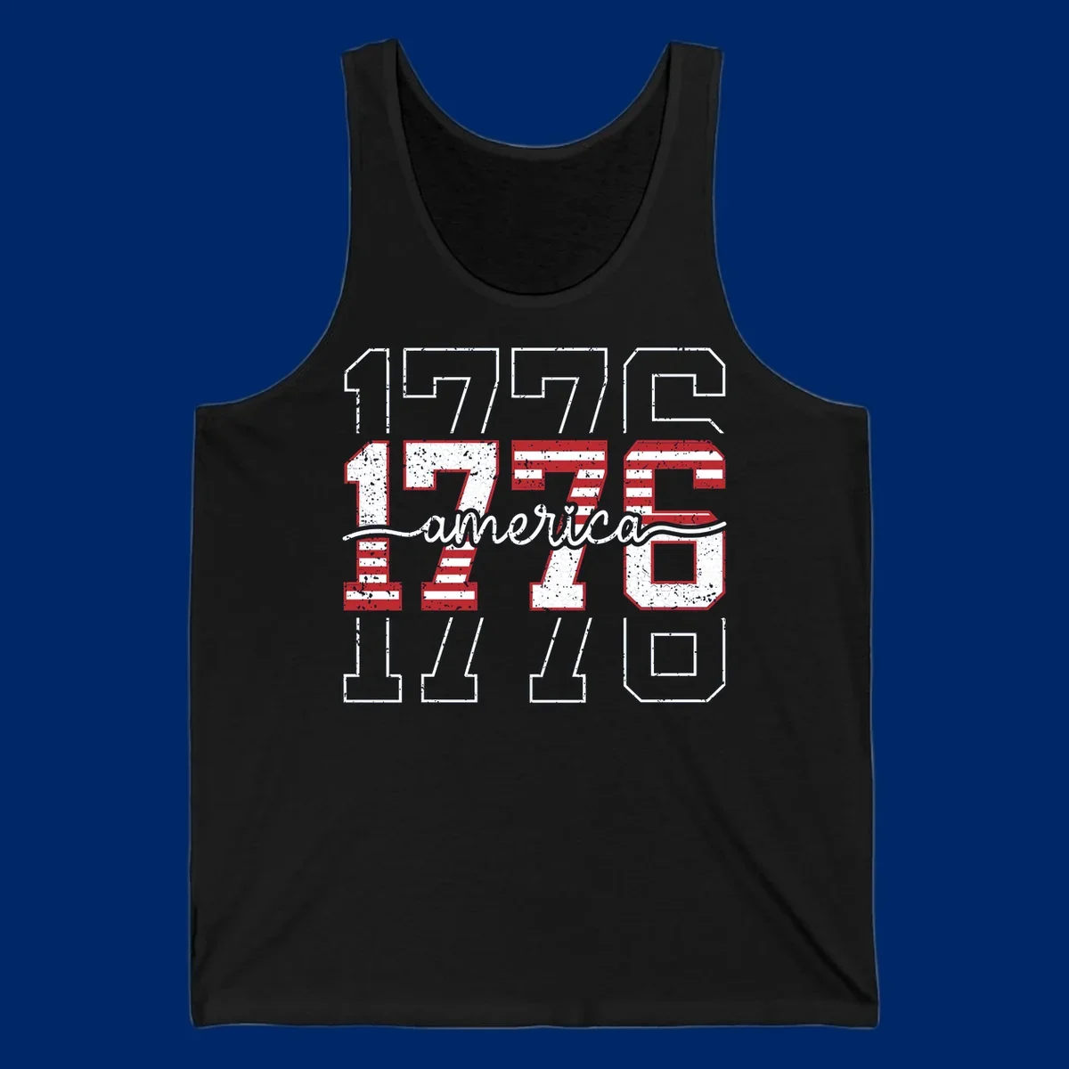 A distressed 1776 patriotic design featuring the year 1776 with red and white stripes and stars inside the numbers.