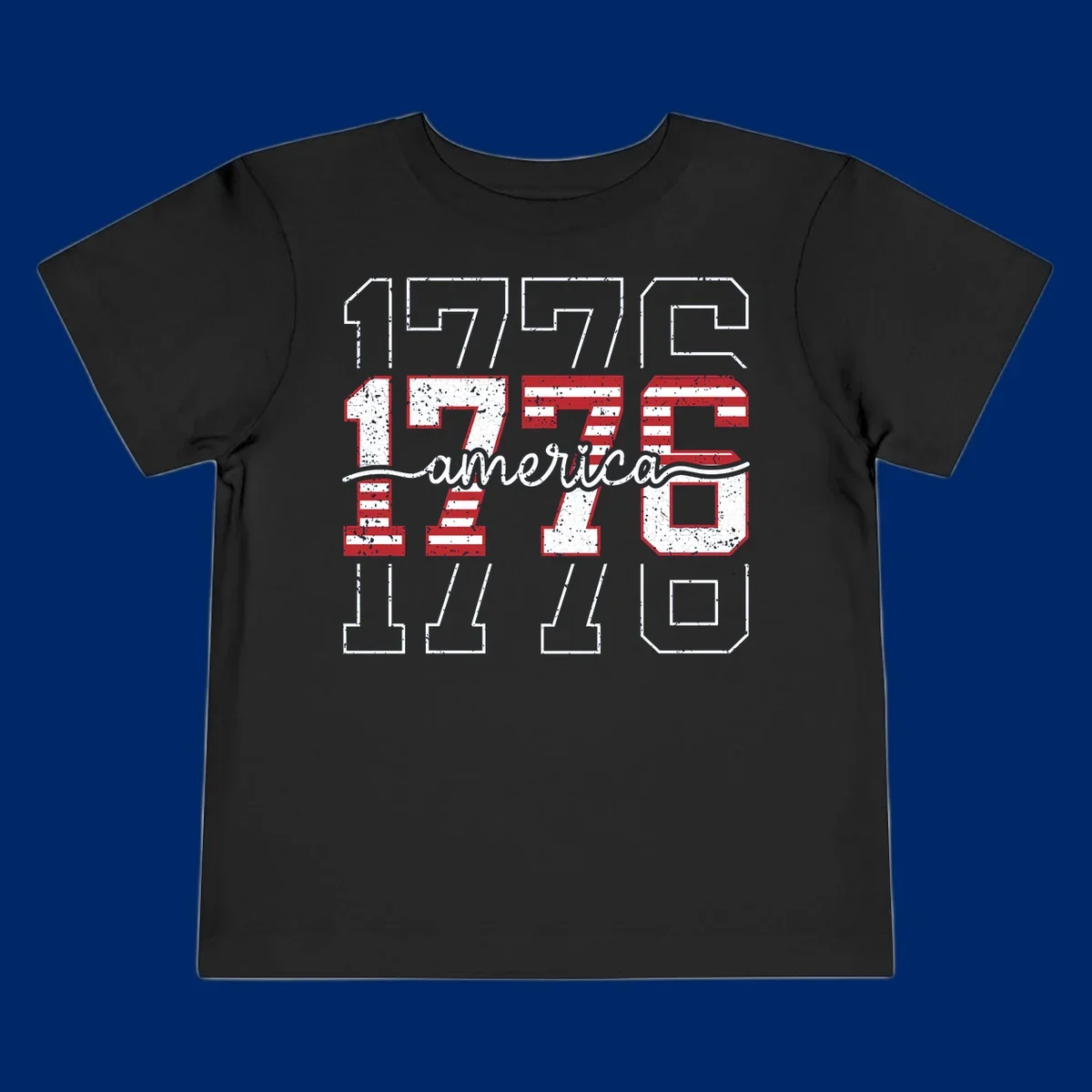 A distressed 1776 patriotic design featuring the year 1776 with red and white stripes and stars inside the numbers.