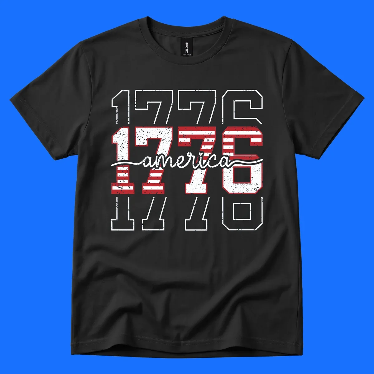 A distressed 1776 patriotic design featuring the year 1776 with red and white stripes and stars inside the numbers.