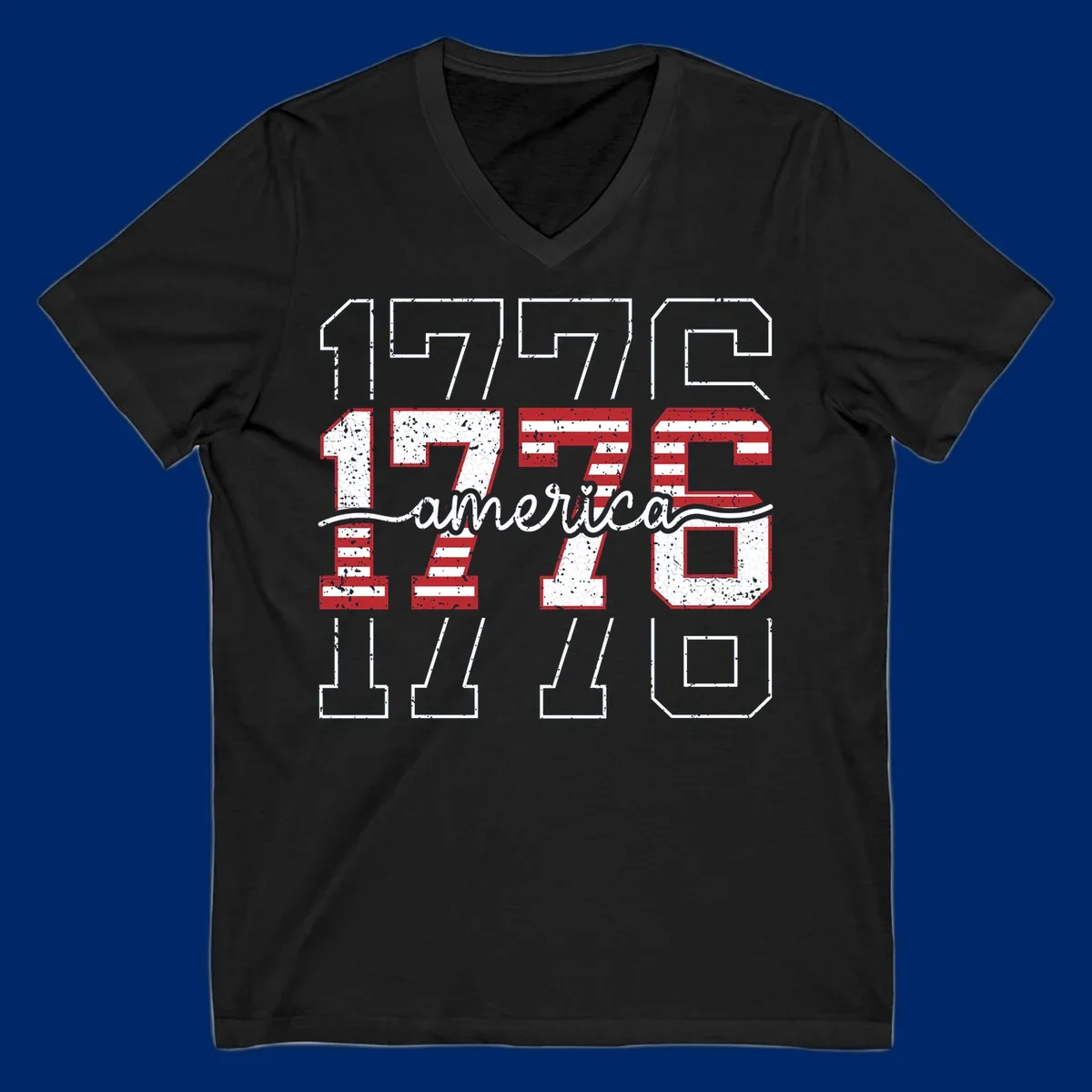 A distressed 1776 patriotic design featuring the year 1776 with red and white stripes and stars inside the numbers.