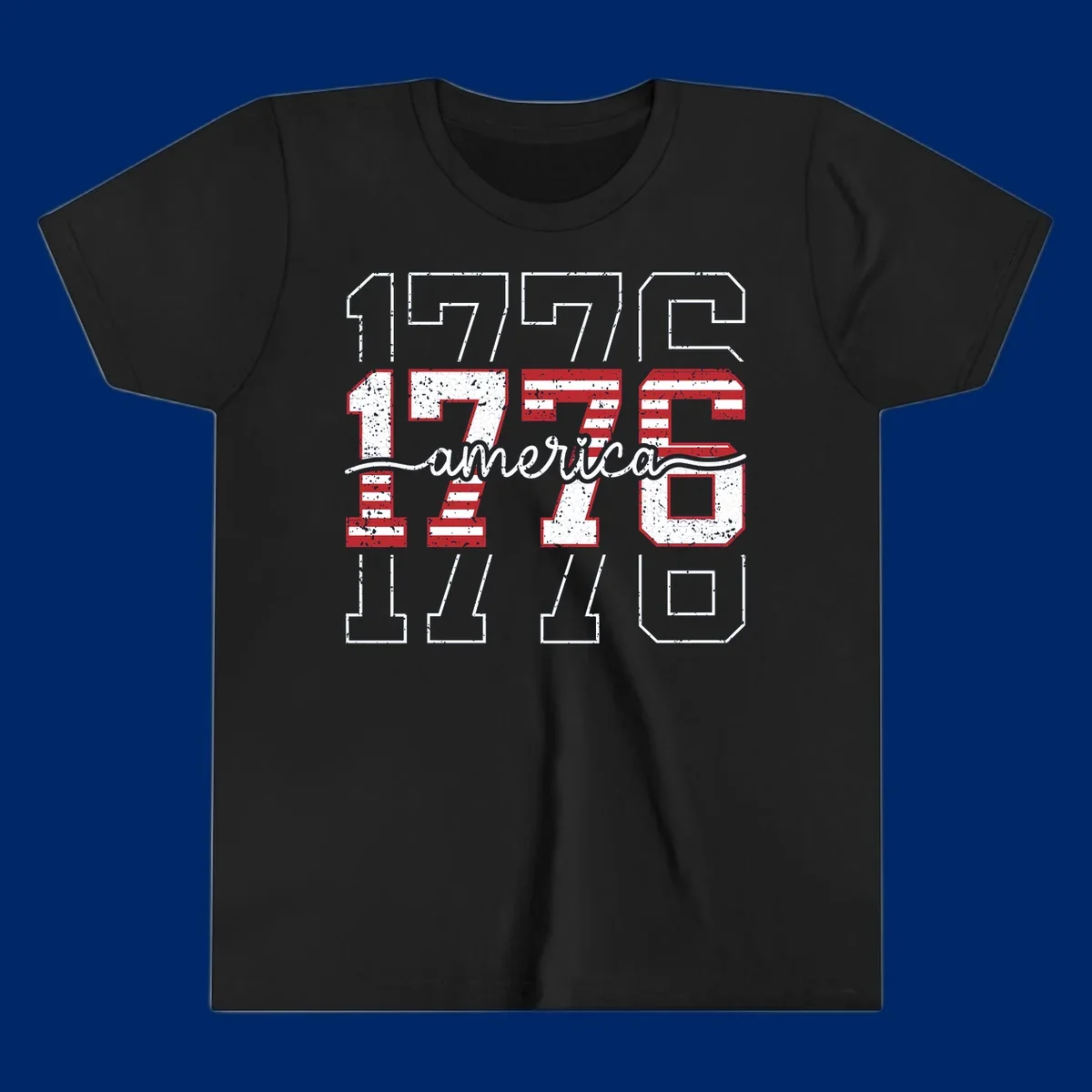 A distressed 1776 patriotic design featuring the year 1776 with red and white stripes and stars inside the numbers.
