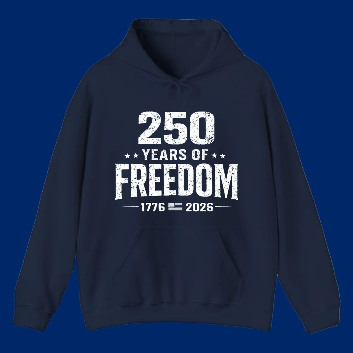 Distressed white text on black reads '250 YEARS OF FREEDOM' with stars, '-1776- American flag -2026-', commemorating 250-years-freedom-anniversary.