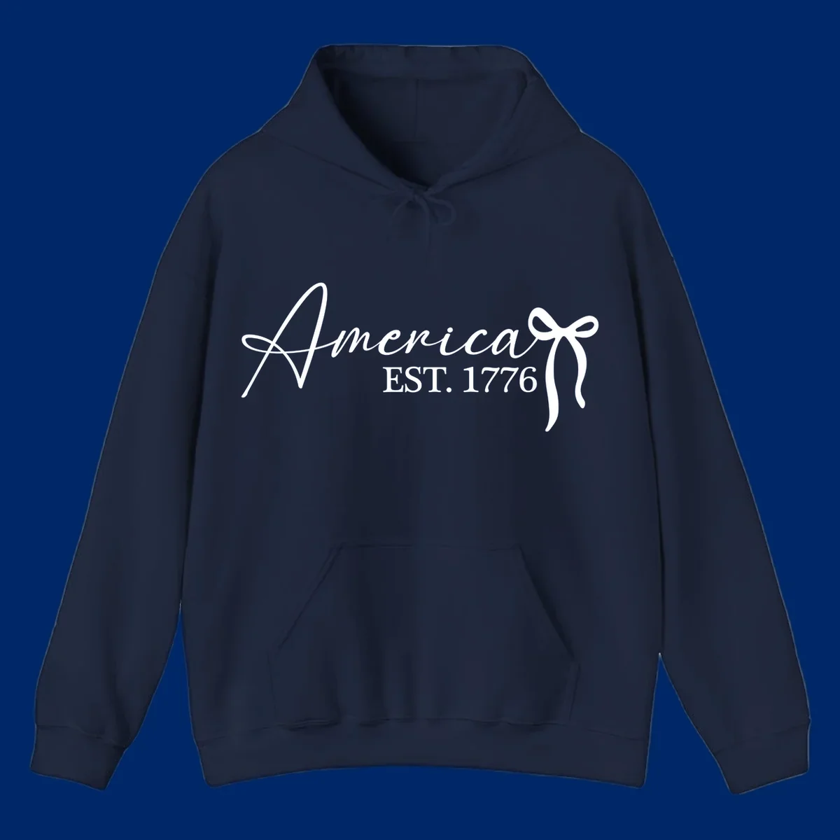White script text "America" with decorative flourishes above "EST. 1776" in serif font, on a black background. Design for america-est-1776.