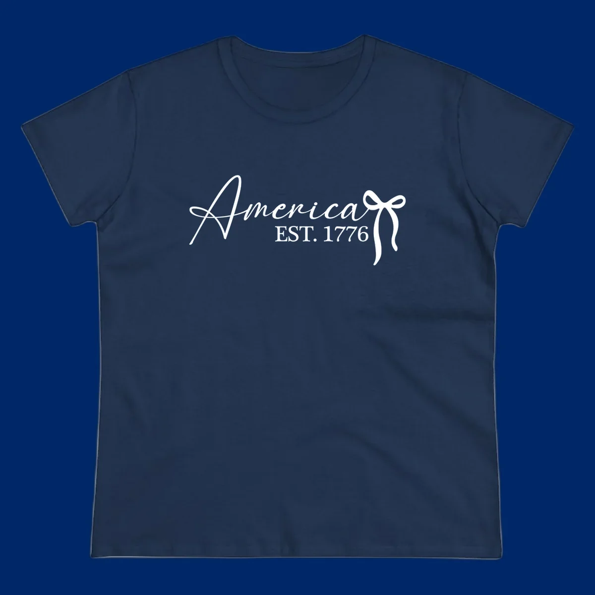 White script text "America" with decorative flourishes above "EST. 1776" in serif font, on a black background. Design for america-est-1776.