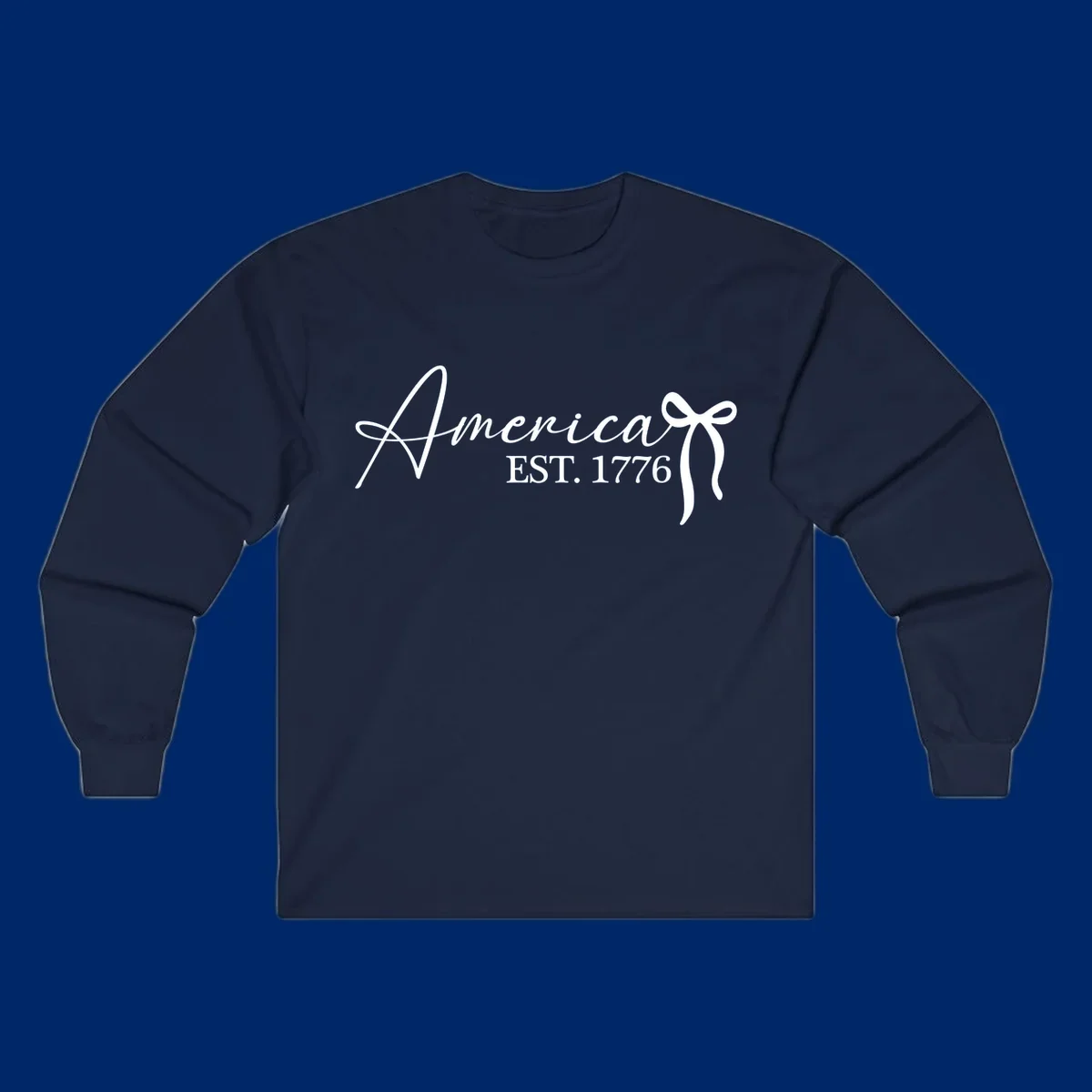White script text "America" with decorative flourishes above "EST. 1776" in serif font, on a black background. Design for america-est-1776.