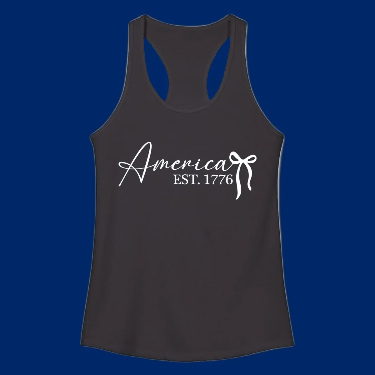 White script text "America" with decorative flourishes above "EST. 1776" in serif font, on a black background. Design for america-est-1776.