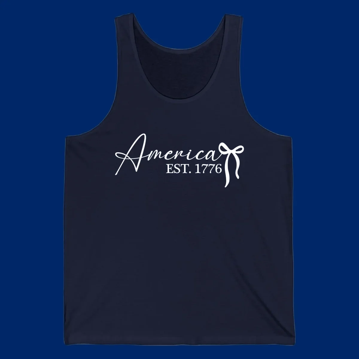 White script text "America" with decorative flourishes above "EST. 1776" in serif font, on a black background. Design for america-est-1776.