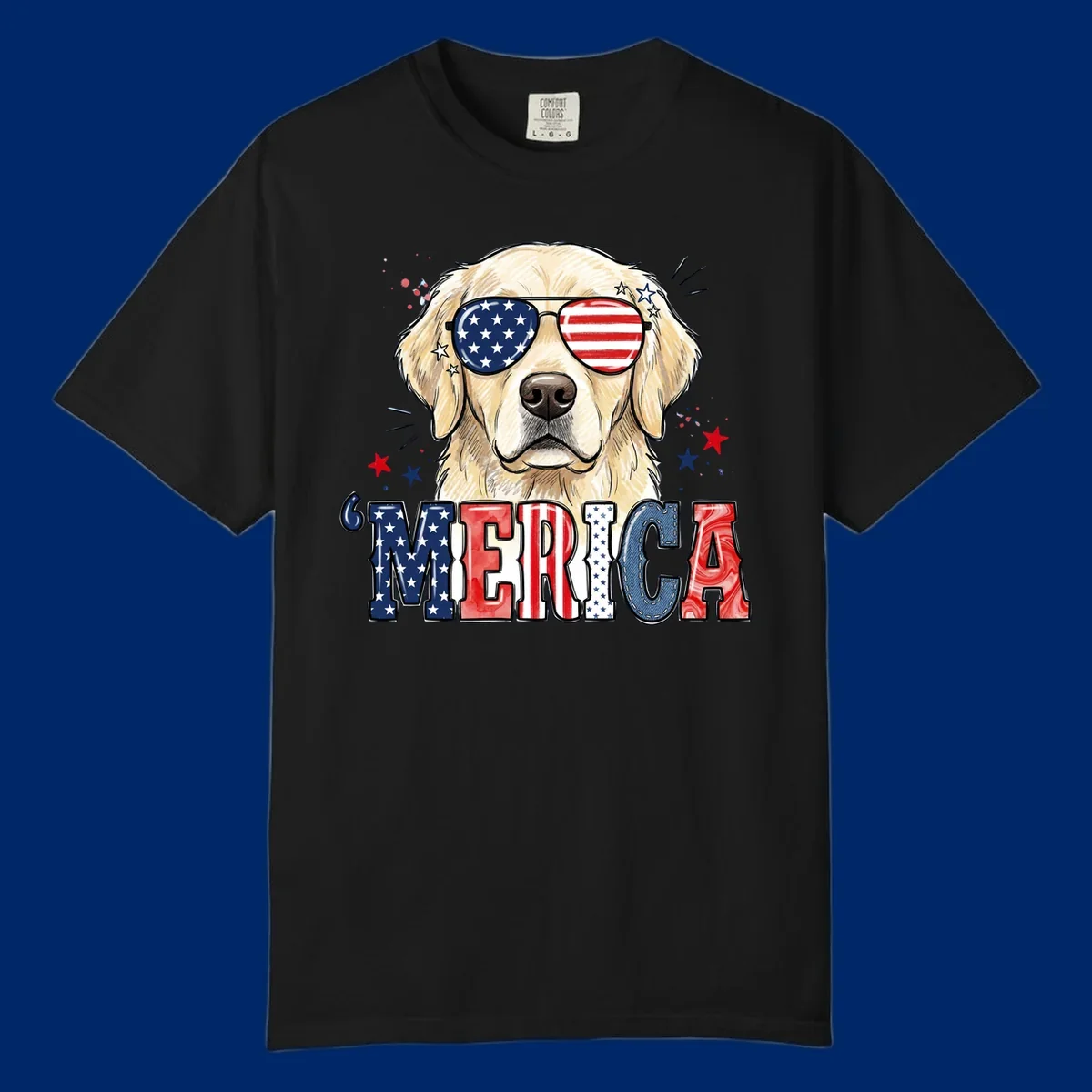 An illustration of a golden retriever wearing American flag sunglasses, with paint splatters and stars, and the text 'MERICA below, celebrating patriotic dog merica.
