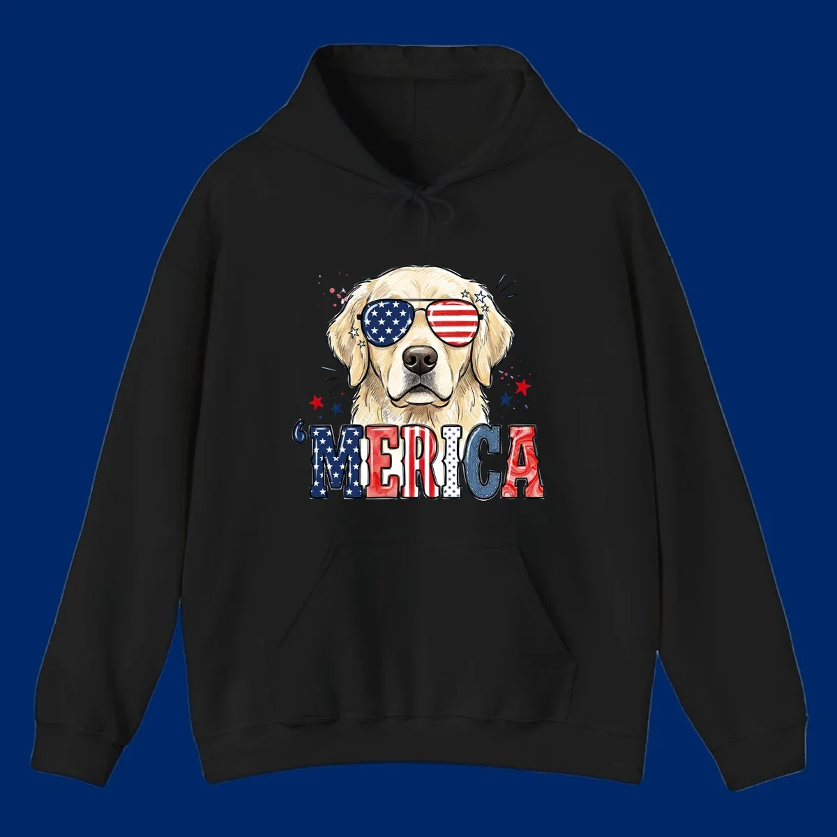 An illustration of a golden retriever wearing American flag sunglasses, with paint splatters and stars, and the text 'MERICA below, celebrating patriotic dog merica.