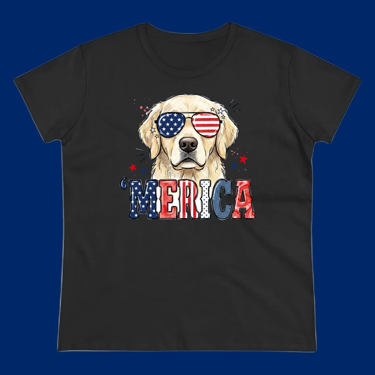 An illustration of a golden retriever wearing American flag sunglasses, with paint splatters and stars, and the text 'MERICA below, celebrating patriotic dog merica.