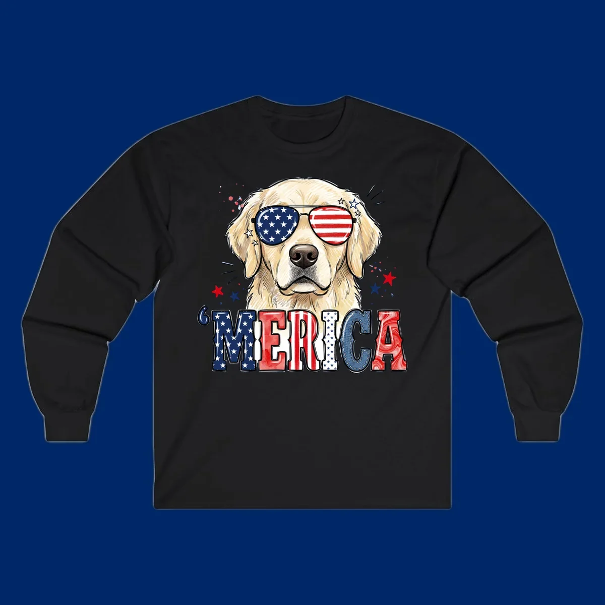 An illustration of a golden retriever wearing American flag sunglasses, with paint splatters and stars, and the text 'MERICA below, celebrating patriotic dog merica.