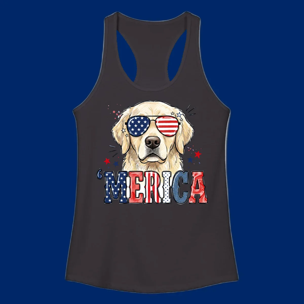 An illustration of a golden retriever wearing American flag sunglasses, with paint splatters and stars, and the text 'MERICA below, celebrating patriotic dog merica.