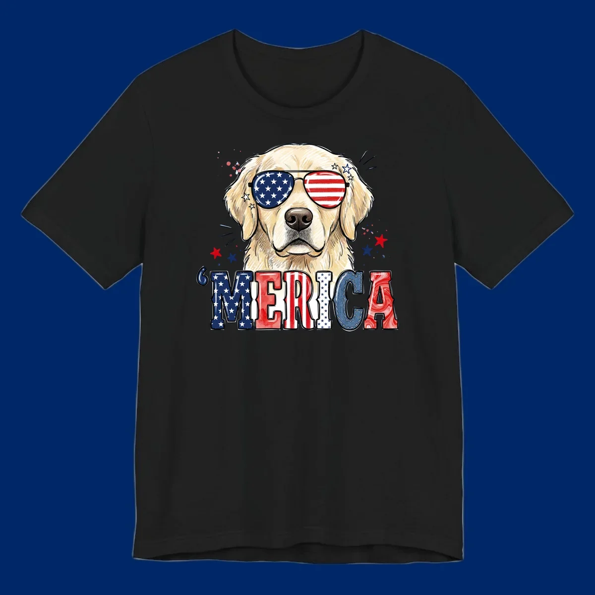 An illustration of a golden retriever wearing American flag sunglasses, with paint splatters and stars, and the text 'MERICA below, celebrating patriotic dog merica.